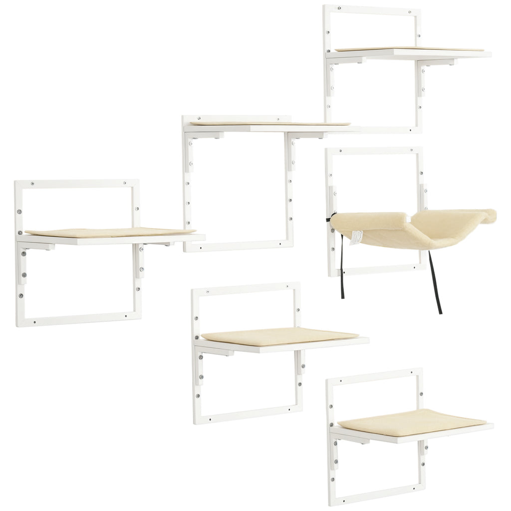 Cat Shelves for Indoor Cats, 6Pc Modern Cat Wall Furniture with Adjustable Height Jumping Platforms & Hammock, Cream White