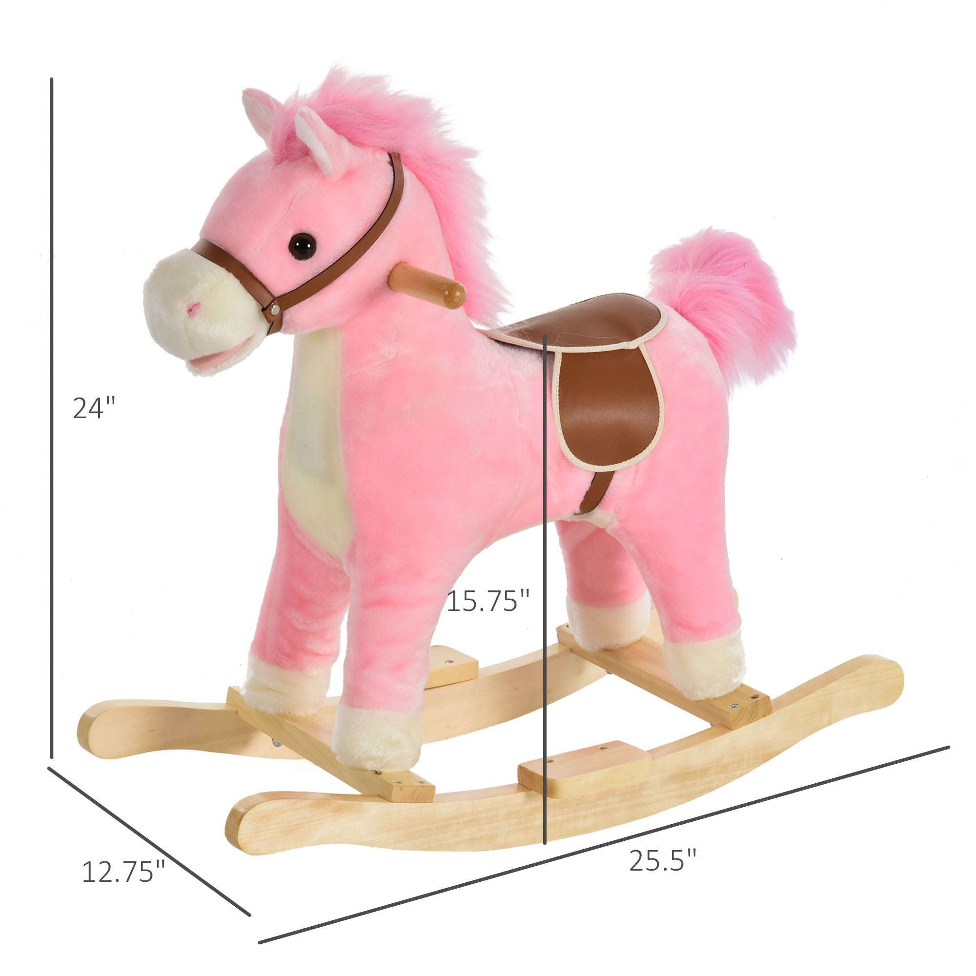 Rocking Horse Plush Animal on Wooden Rockers, Baby Rocking Chair with Sounds, Moving Mouth, Wagging Tail, Pink