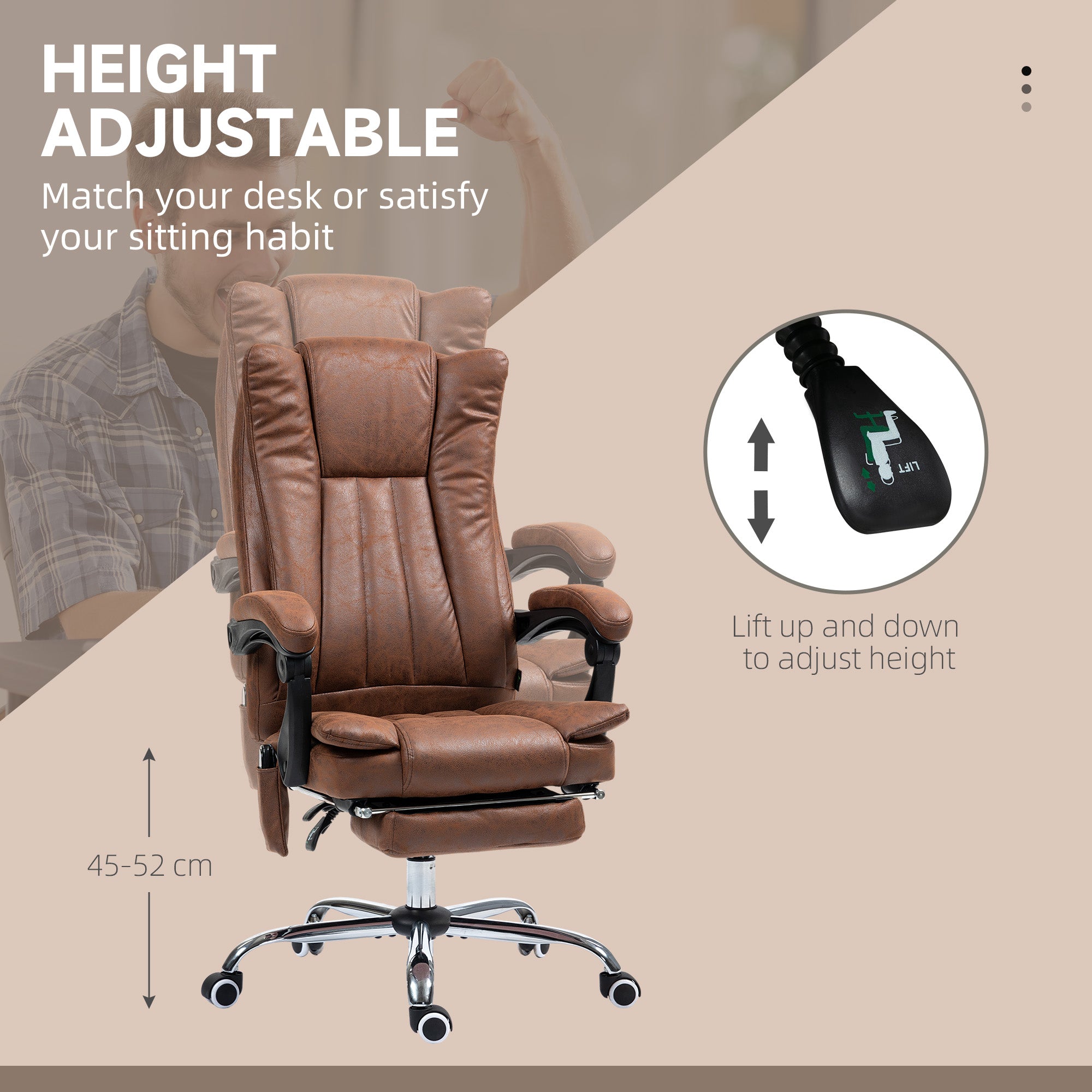 Massage Office Chair with 6 Points and Heat, Reclining Computer Chair with Adjustable Height and Footrest, Brown