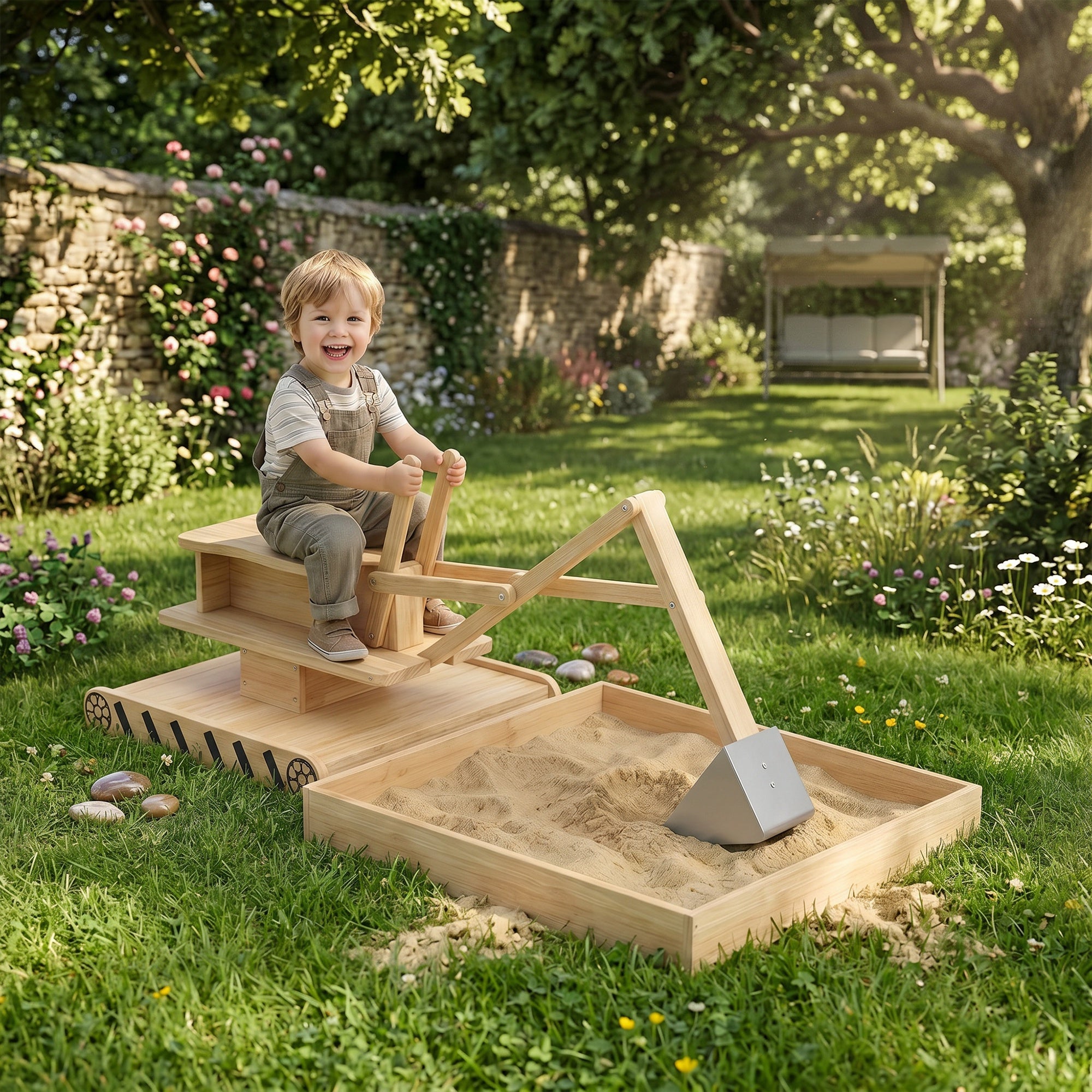 Wooden Sandbox with Digger, Kids Sandbox with 360° Rotating Seat & Bottom Liner, 72" x 35" x 22"