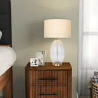 Aurora Ribbed Glass Table Lamp with Large Linen Shade, Elegant Design and Golden Base, 12" L x 12" W x 17" H, Beige+Clear