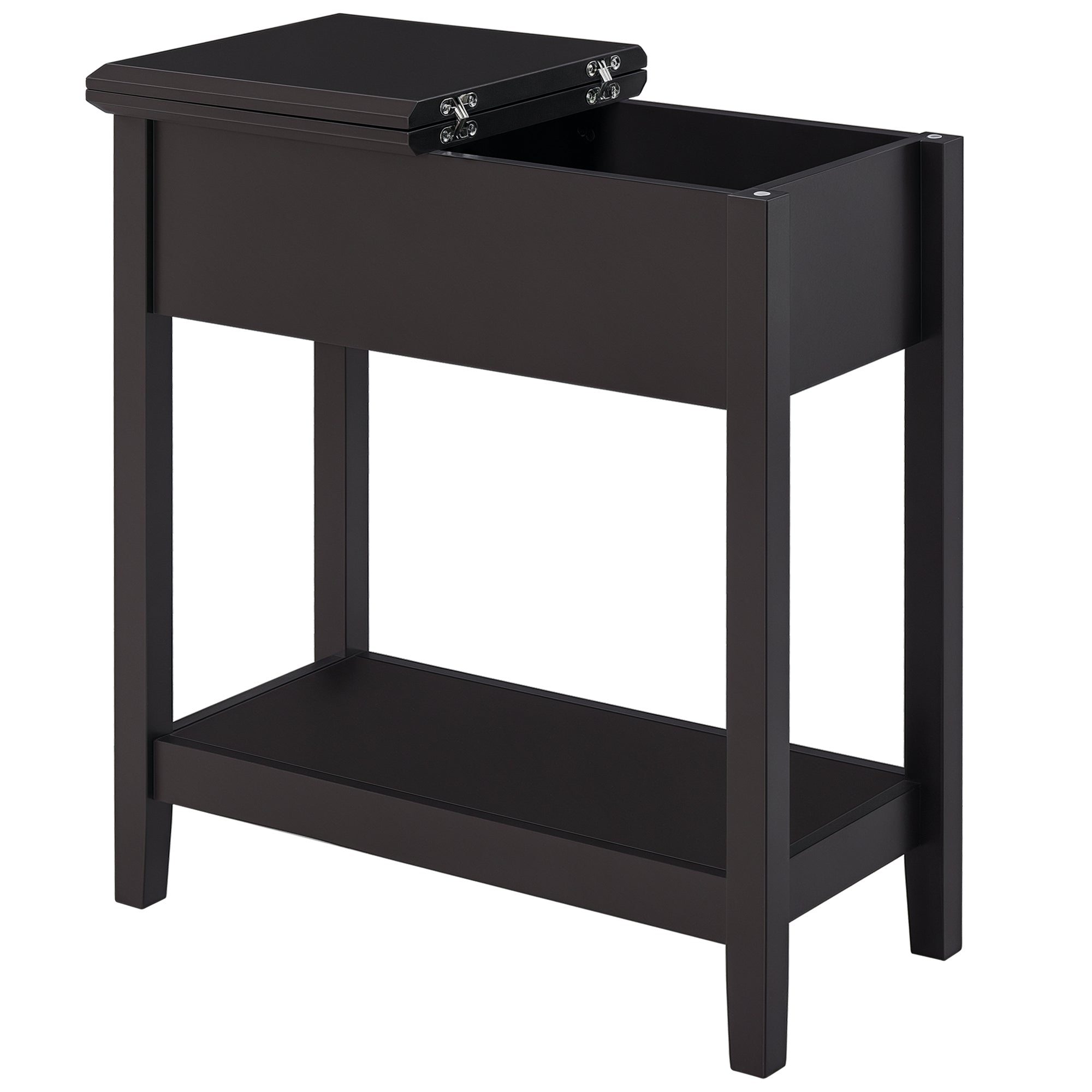 End Table, Narrow Side Table with Flip Top, Storage Cabinet, Bottom Shelf for Living Room, Dark Coffee