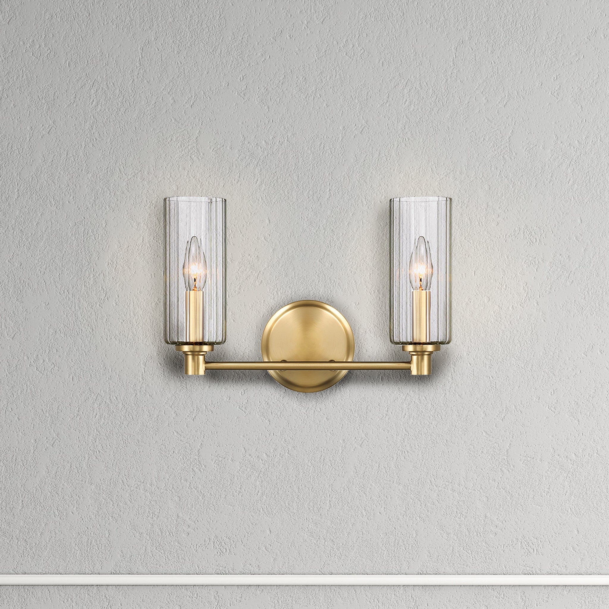 Regal Double Light Vanity with Clear Ribbed Glass, Satin Brass Finish, 15" L x 5" W x 10" H, Antique Brass+Clear