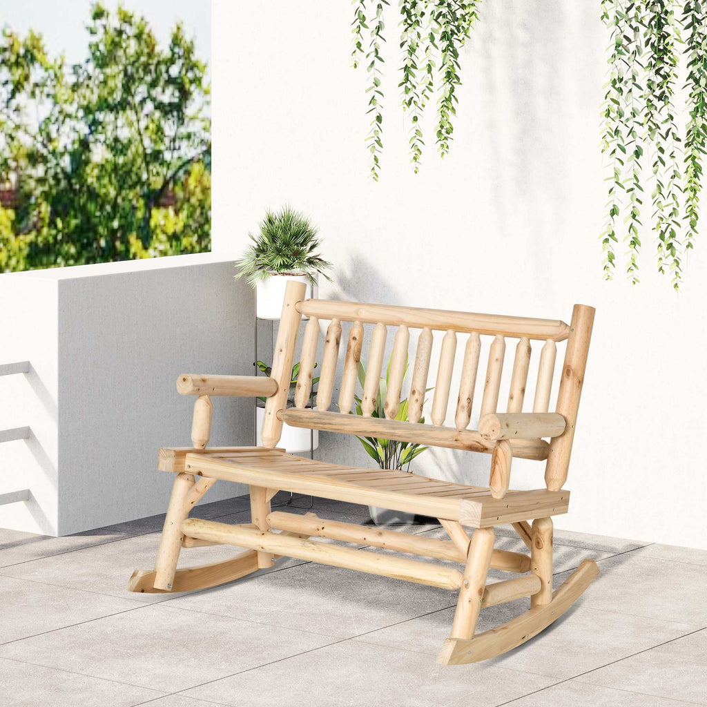 2-Person Wood Rocking Chair with Log Design, Heavy Duty Loveseat with Wide Curved Seats for Patio, Backyard, Garden, Natural