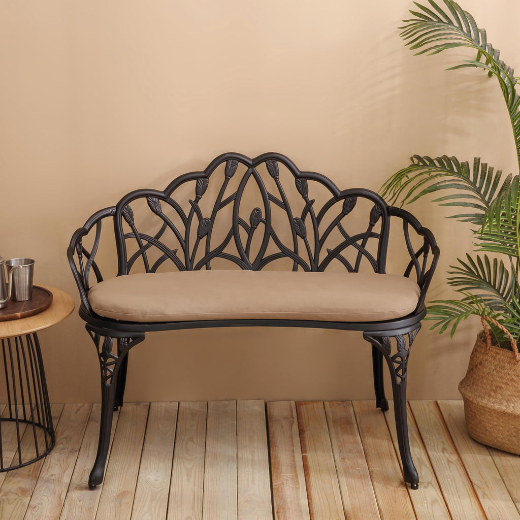 Patio Garden Bench with Floral Tulip Design, Ergonomic Backrest, Elegant Outdoor Park Bench for Lawn, Yard, 39" L x 21.5" W x 31" H, Black
