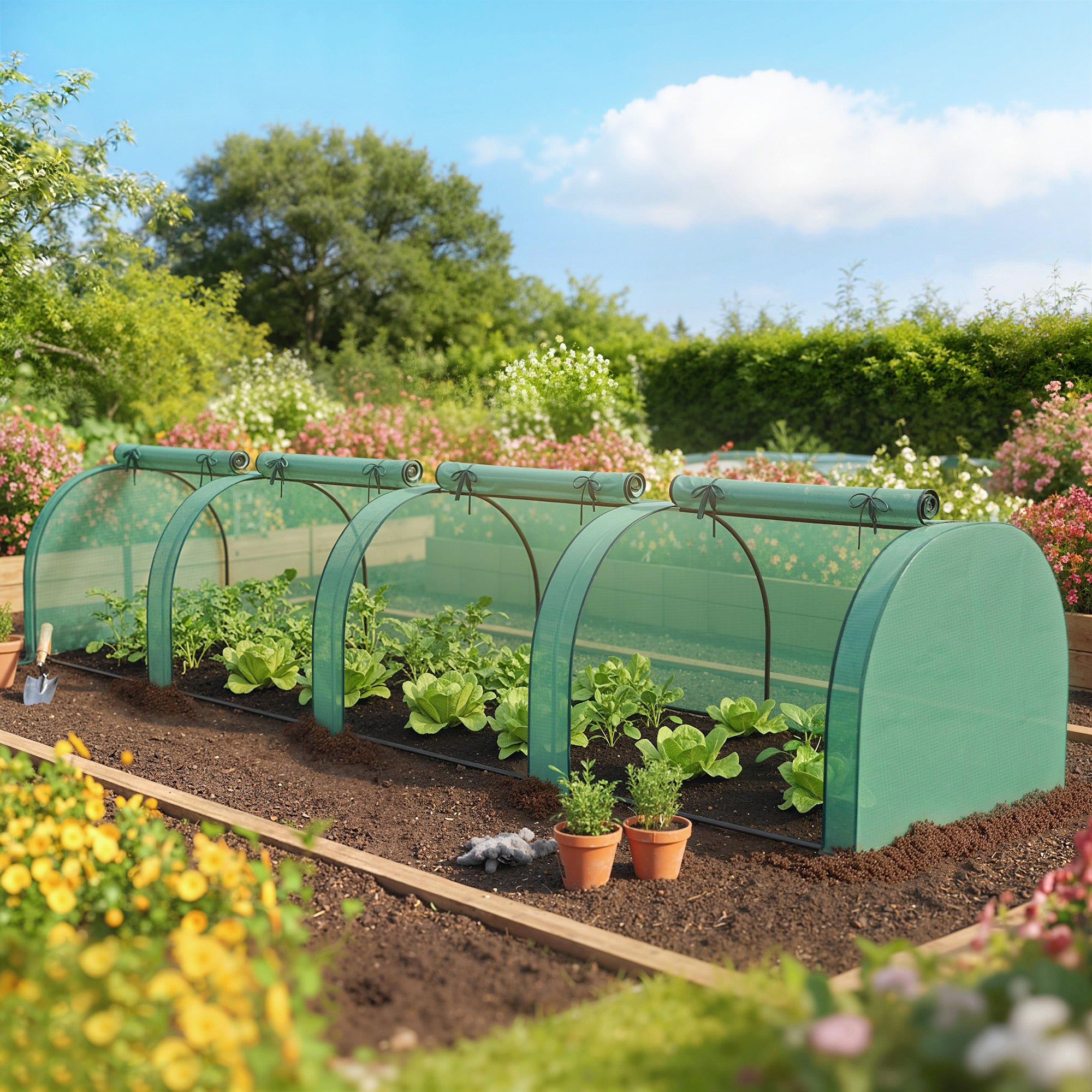 Mini Greenhouse, Portable Greenhouse with 4 Roll-Up Doors, PE Cover, 177.2" x 39.4" x 31.5", Green