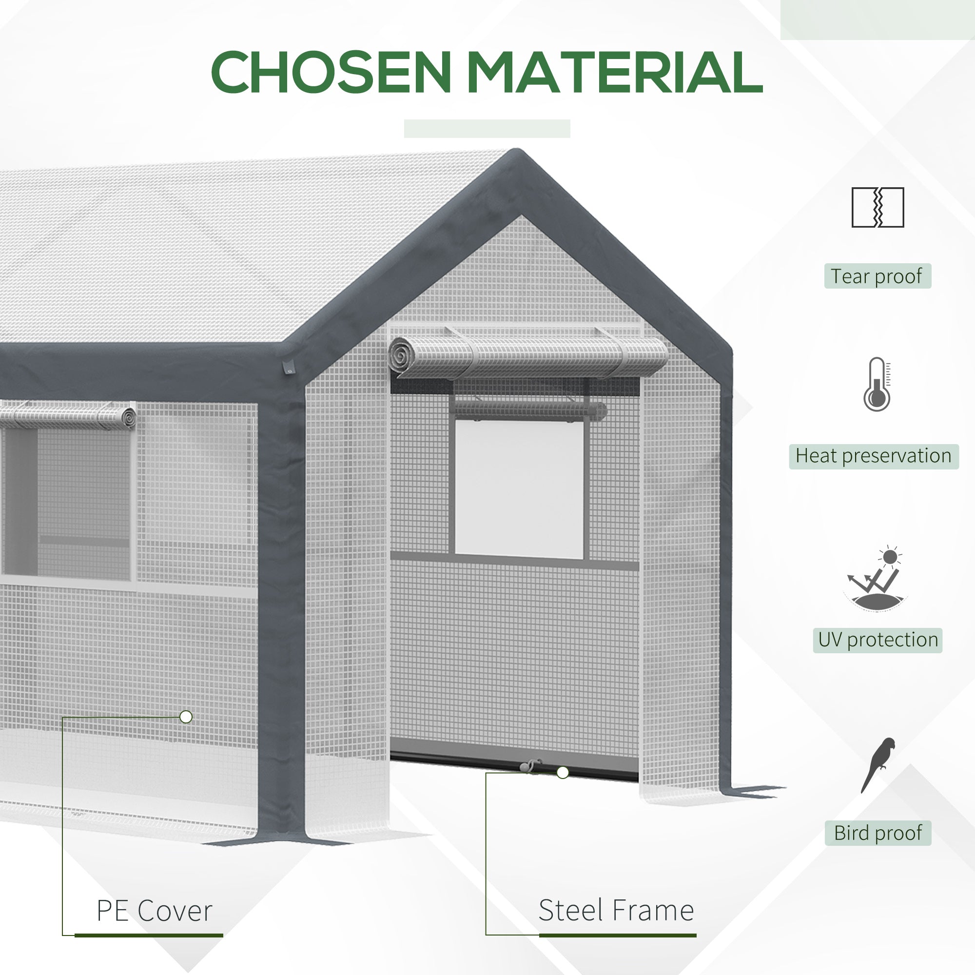 12' x 7' x 7' Greenhouse, Walk-in Outdoor Tunnel Green House with PE Cover, Steel Frame, 2 Roll-Up Zipper Doors & 4 Windows for Flowers, Vegetables, Tropical Plants, White/Dark Gray