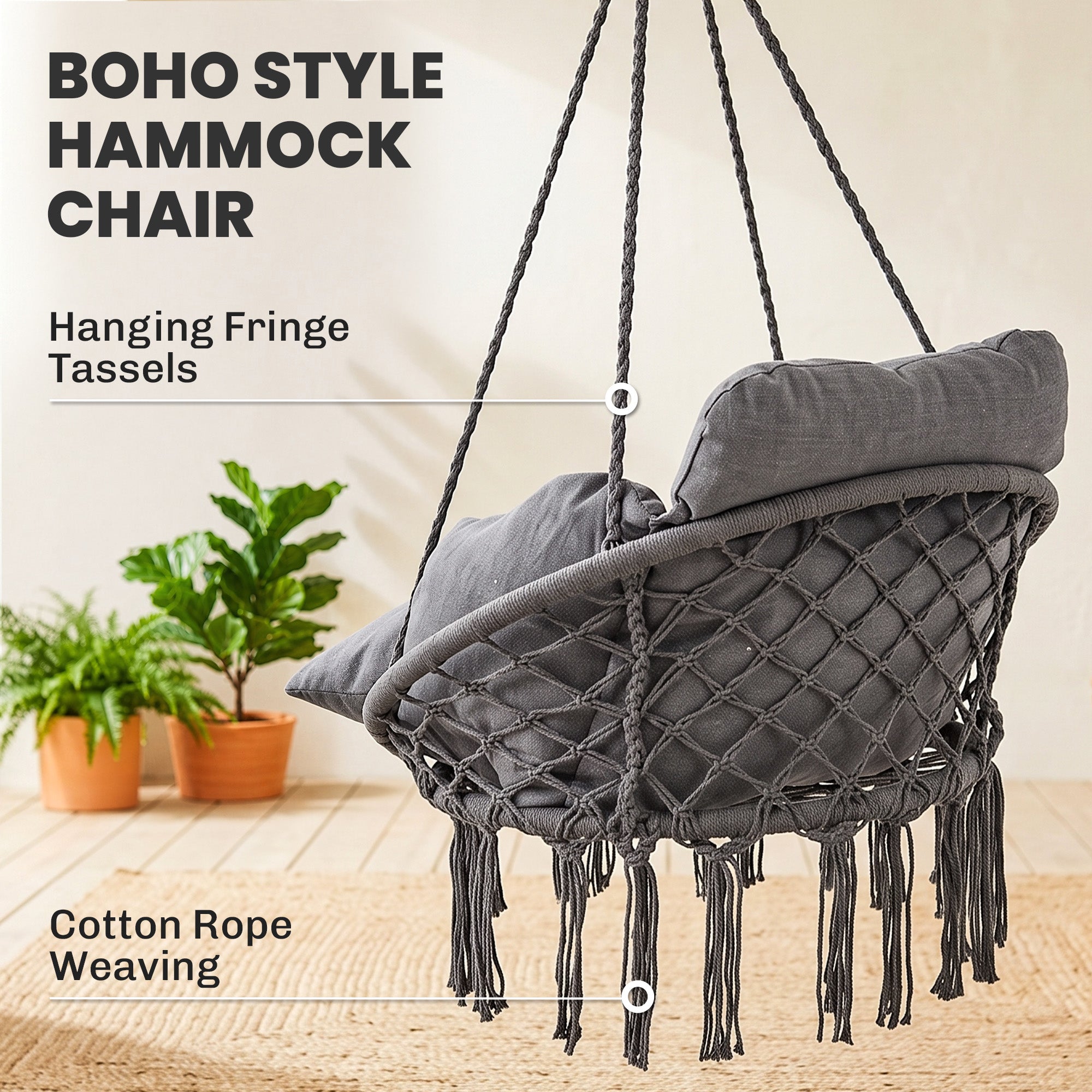 Hammock Swing Chair, Macrame Hanging Chair with Large Cushion, Chain, Steel Frame for Indoor Outdoor Use, Dark Gray