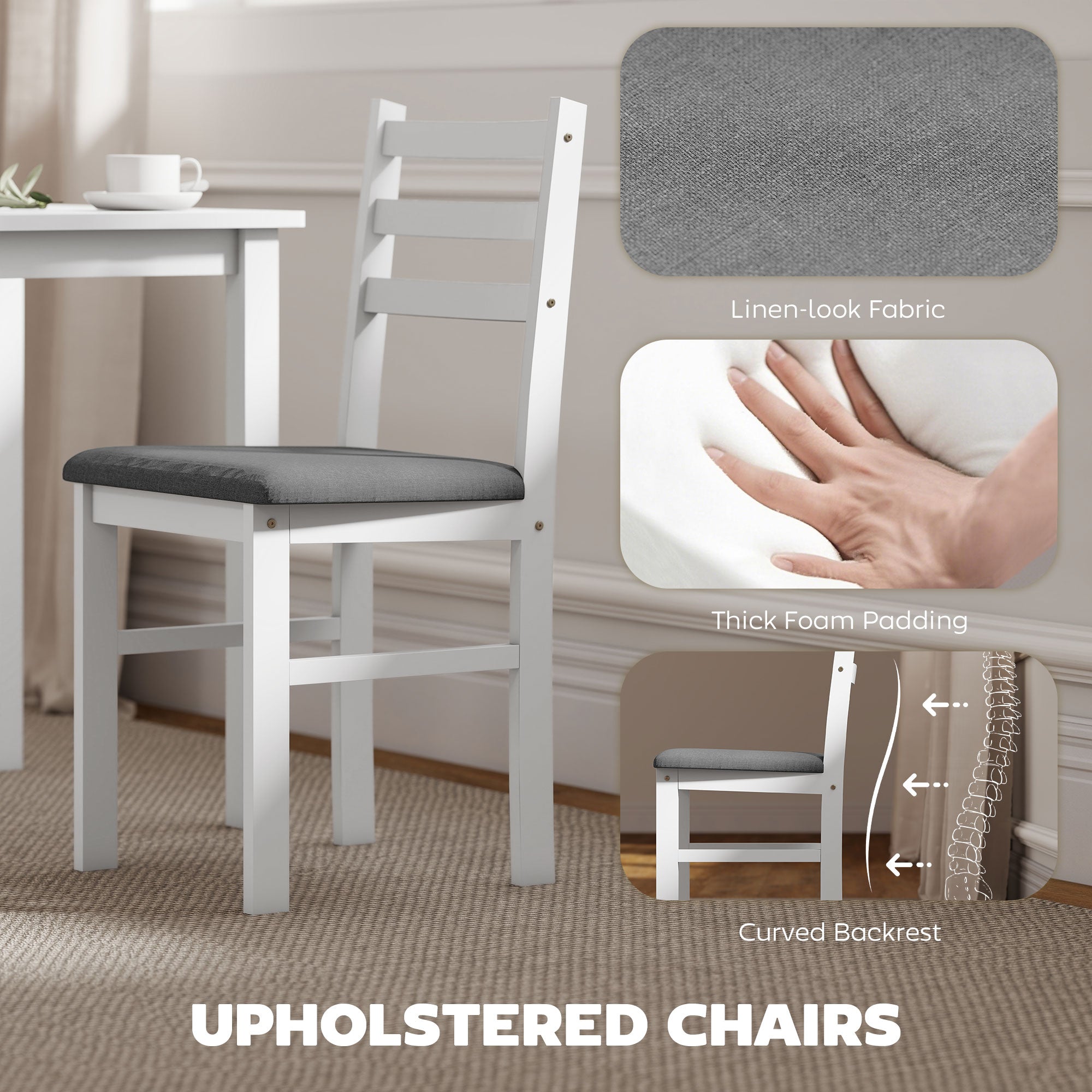 5-Piece Small Kitchen Table Set for 4, Farmhouse Dining Table Set with Upholstered Chairs and Rubber Wood Legs, White