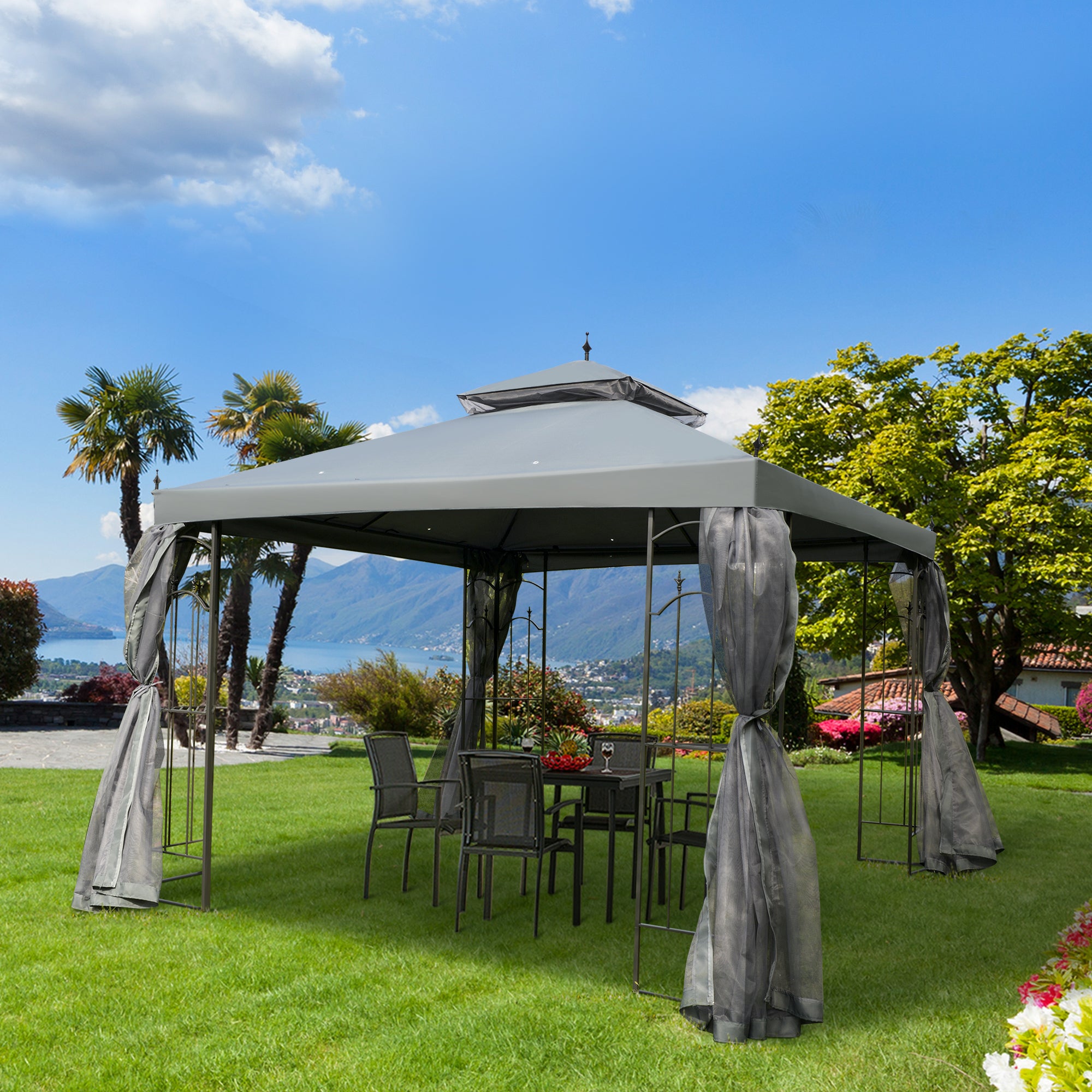 118" x 118" Steel Outdoor Patio Gazebo Canopy with Removable Mesh Curtains, Display Shelves, & Steel Frame, Gray