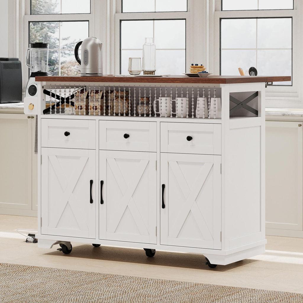 Farmhouse Kitchen Island Cart with Beaded Drape, Power Outlet, Drop Leaf, Rolling Wheels, 3 Doors, 3 Drawers, Adjustable Shelves, White