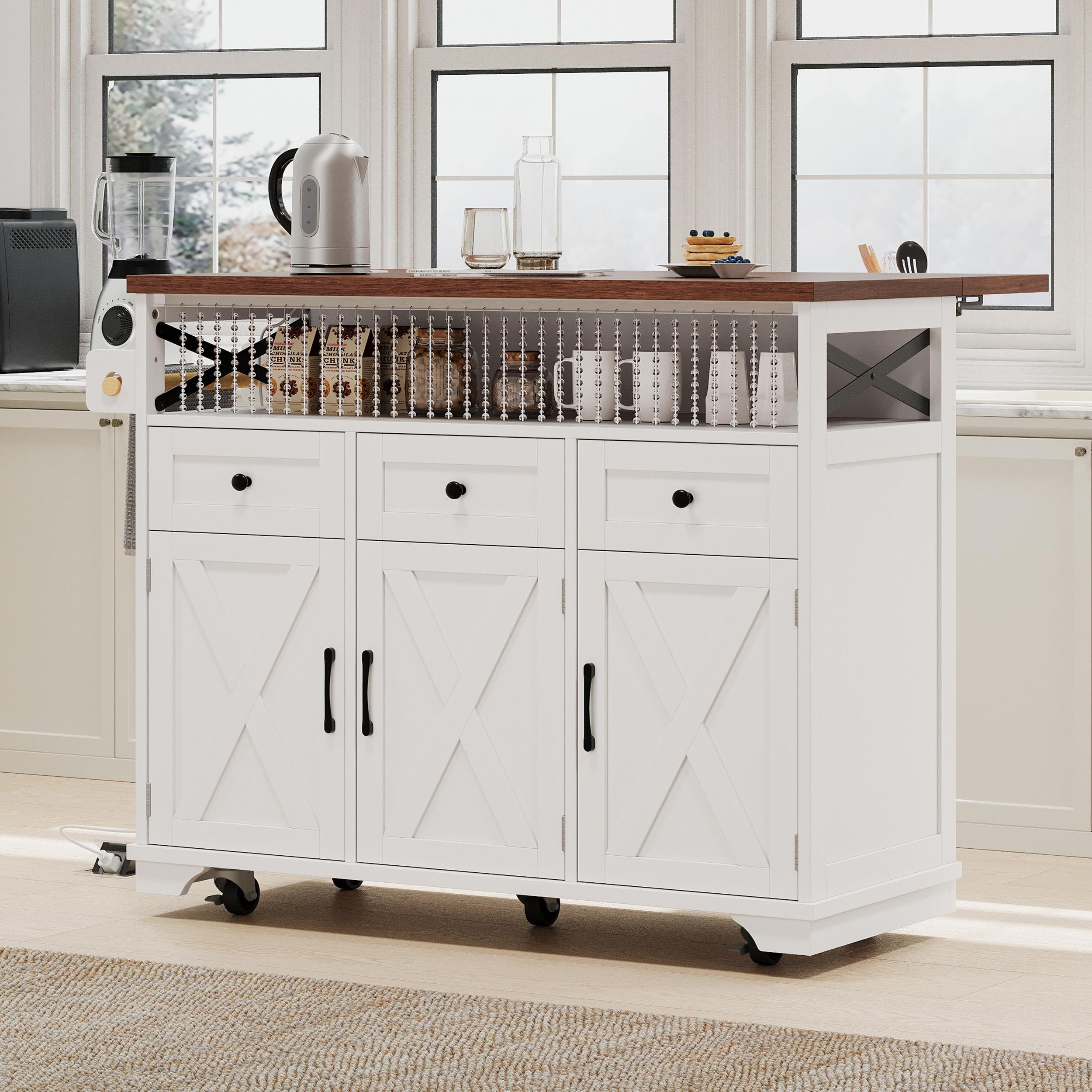 Farmhouse Kitchen Island Cart with Beaded Drape, Power Outlet, Drop Leaf, Rolling Wheels, 3 Doors, 3 Drawers, Adjustable Shelves, White