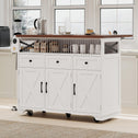 Farmhouse Kitchen Island Cart with Beaded Drape, Power Outlet, Drop Leaf, Rolling Wheels, 3 Doors, 3 Drawers, Adjustable Shelves, White