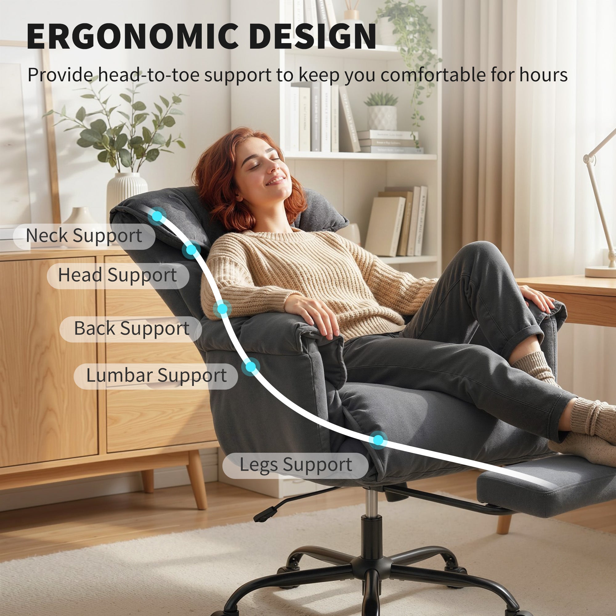 High Back Office Chair, Reclining Desk Chair with Footrest, High Resilience Foam, Rolling Wheels, Dark Gray