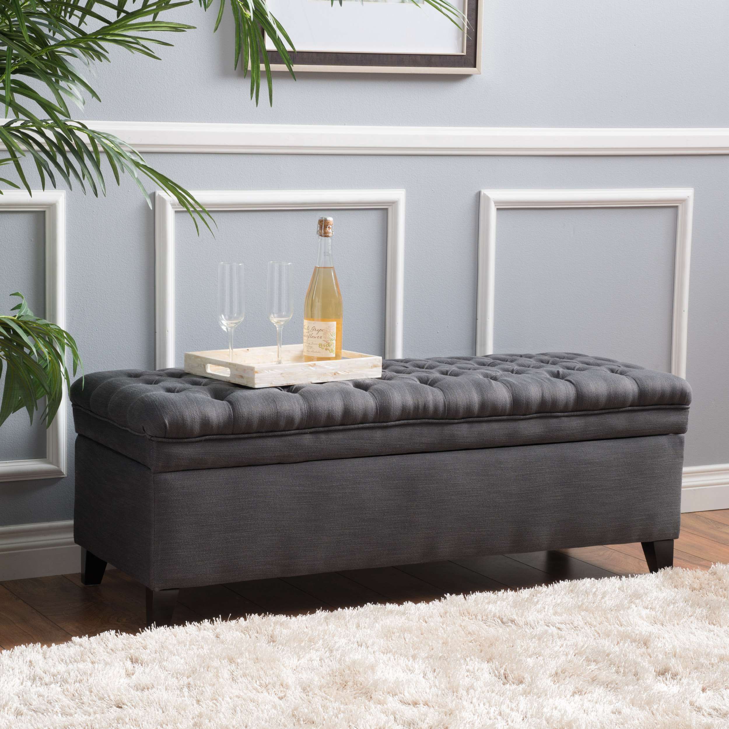 Storage Ottoman with Birch Legs, Hand-Tufted Fabric, 50" L x 20.5" W x 18.25" H, Spot Clean, Gray