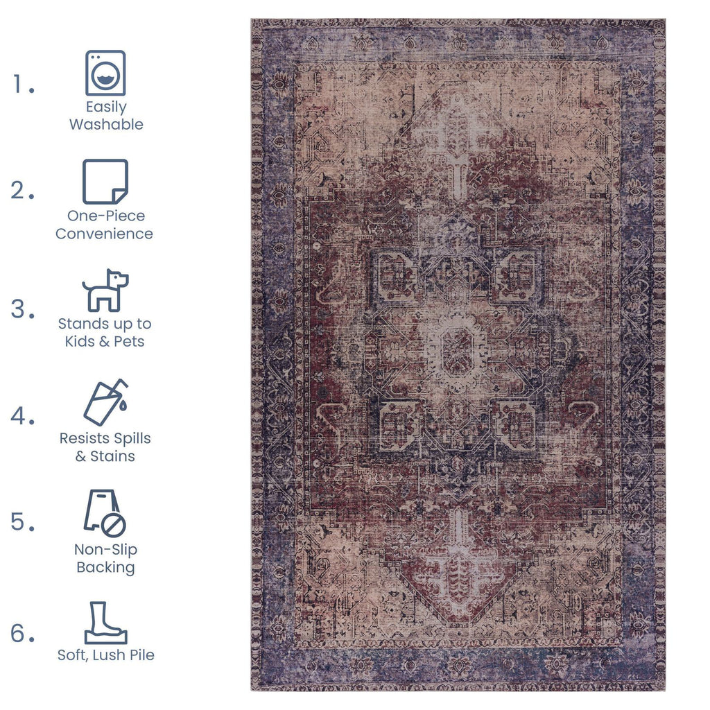 4x6 Low-Pile Non-Slip Non-Shedding Washable Area Rug, Kid and Pet Friendly, Foldable for Living Room, Bedroom, Kitchen, Dining Room, Burgundy