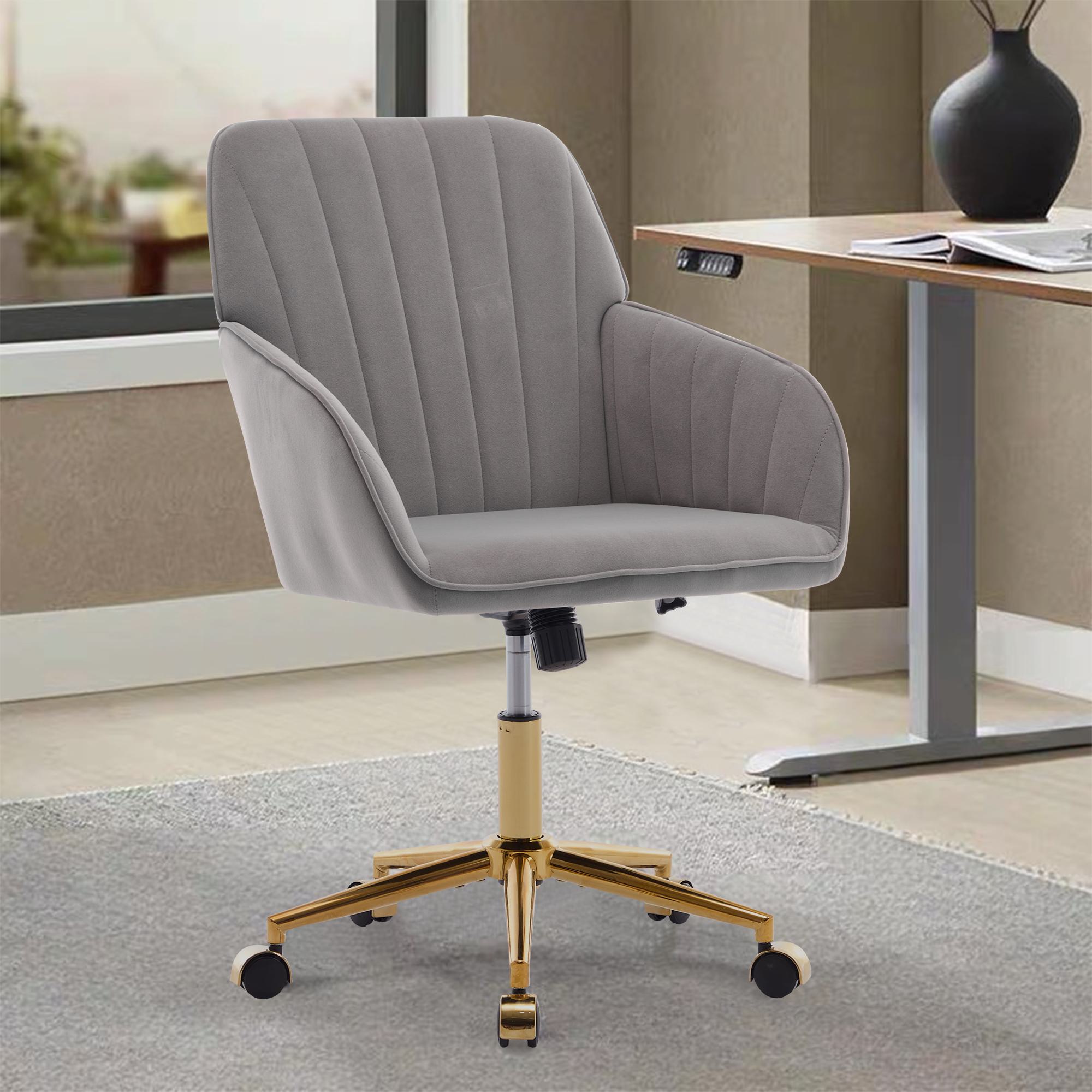 Adjustable Swivel Chair with Memory Foam Cushion and Lumbar Support, Ergonomic Office Chair with Golden Base, 25" L x 23" W x 38" H, Gray