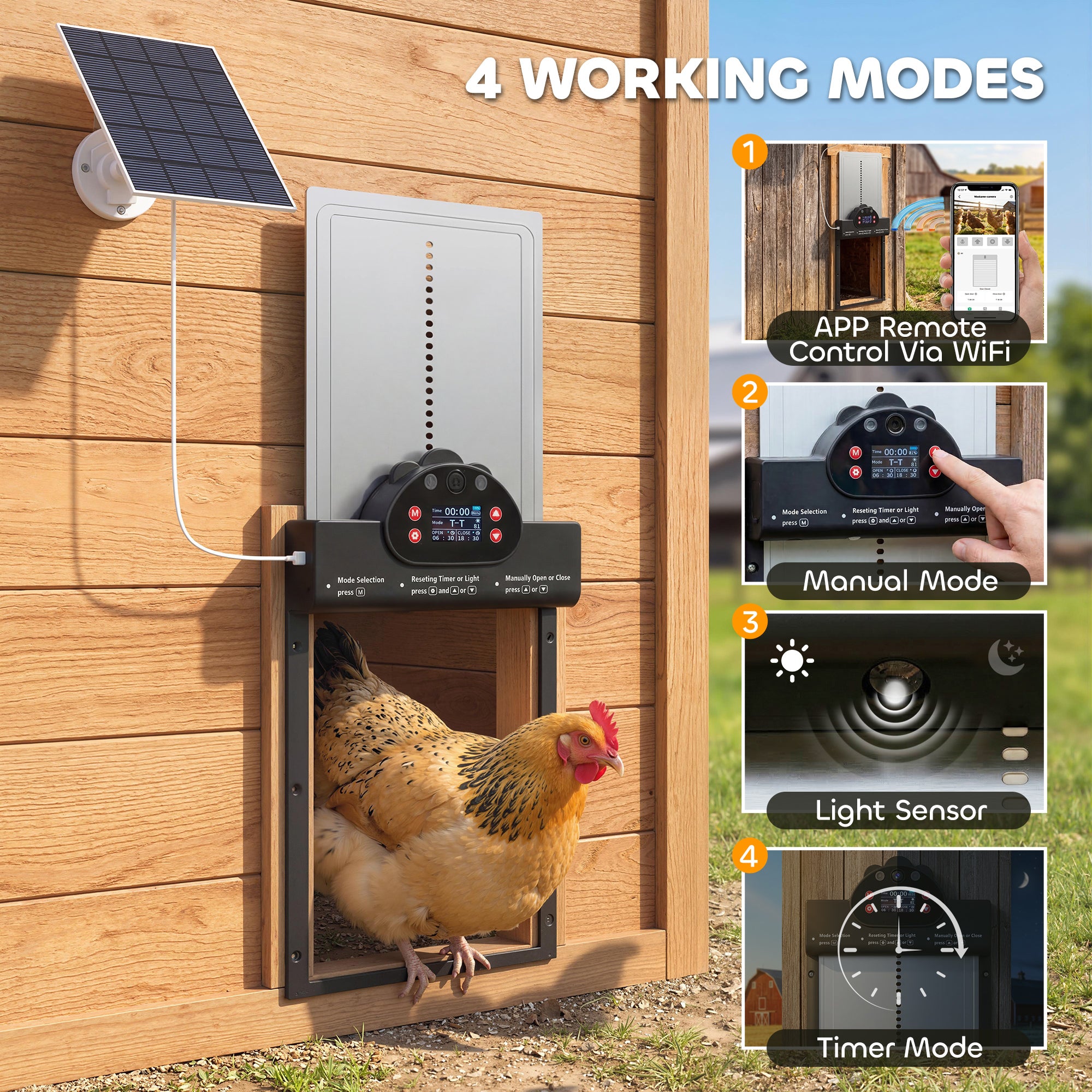 2K HD AI Camera Automatic Chicken Coop Door with APP Remote Control, WiFi Solar Powered with 5200 mAh Large Battery