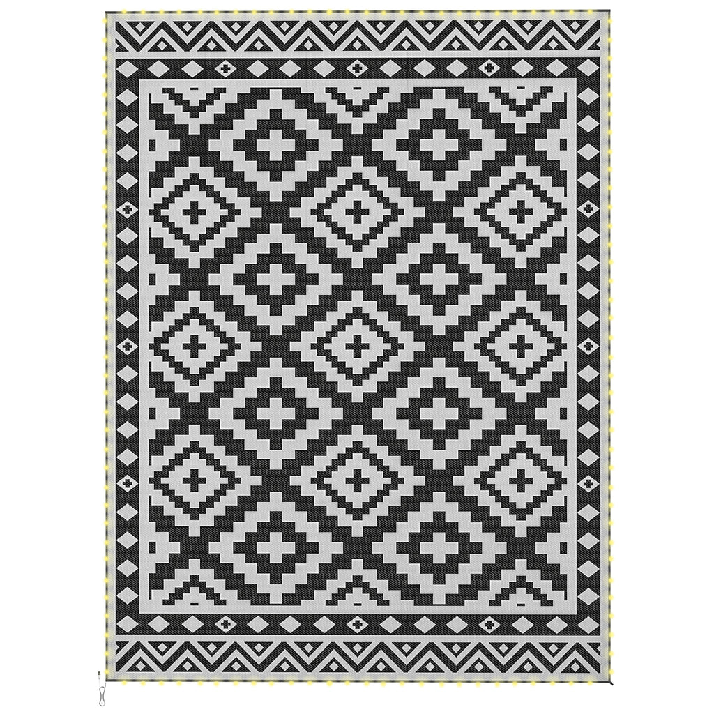 Outdoor Rug Carpet Reversible Plastic Straw Rug with LED Lights Black and White 12' x 9' for Patio