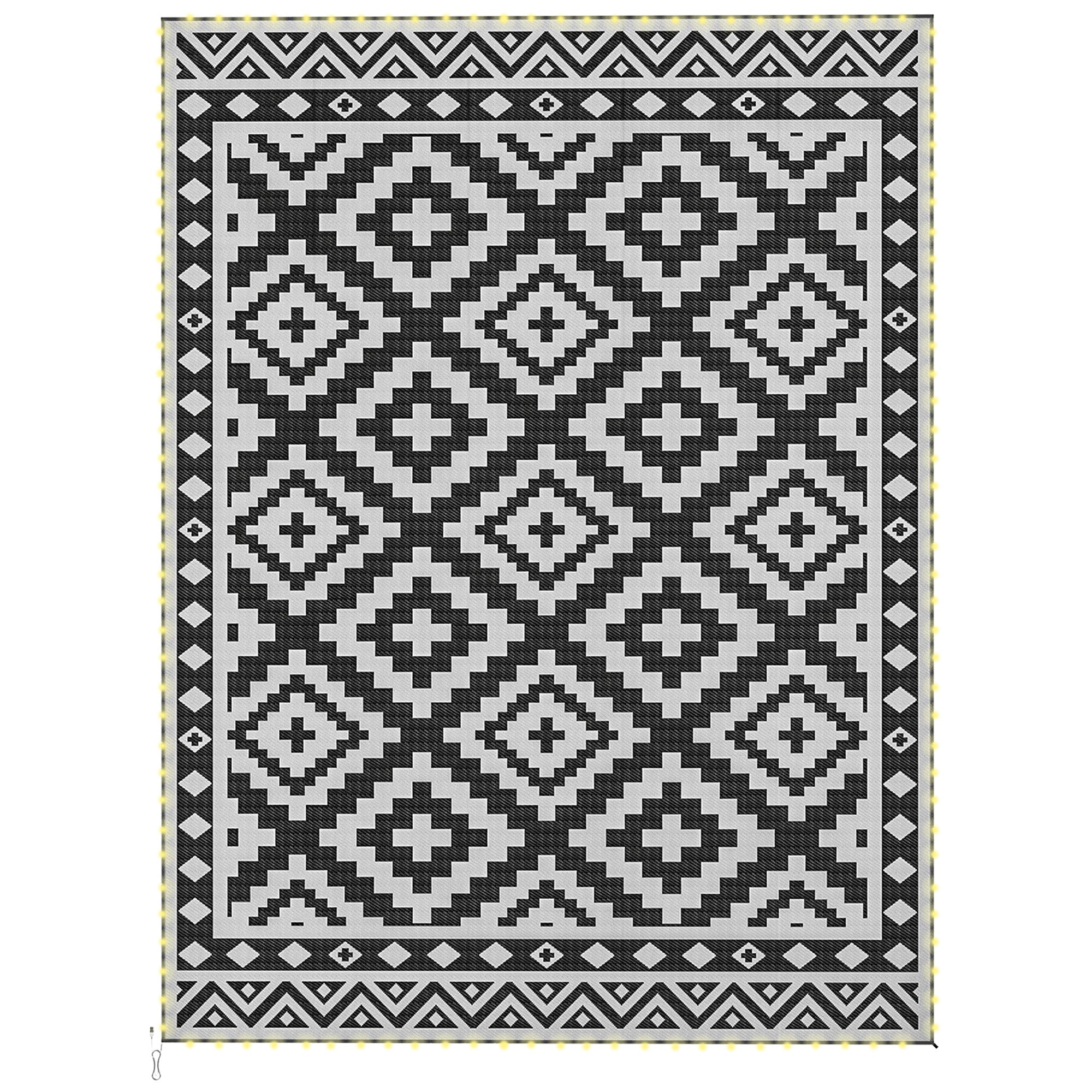 Outdoor Rug Carpet Reversible Plastic Straw Rug with LED Lights Black and White 12' x 9' for Patio
