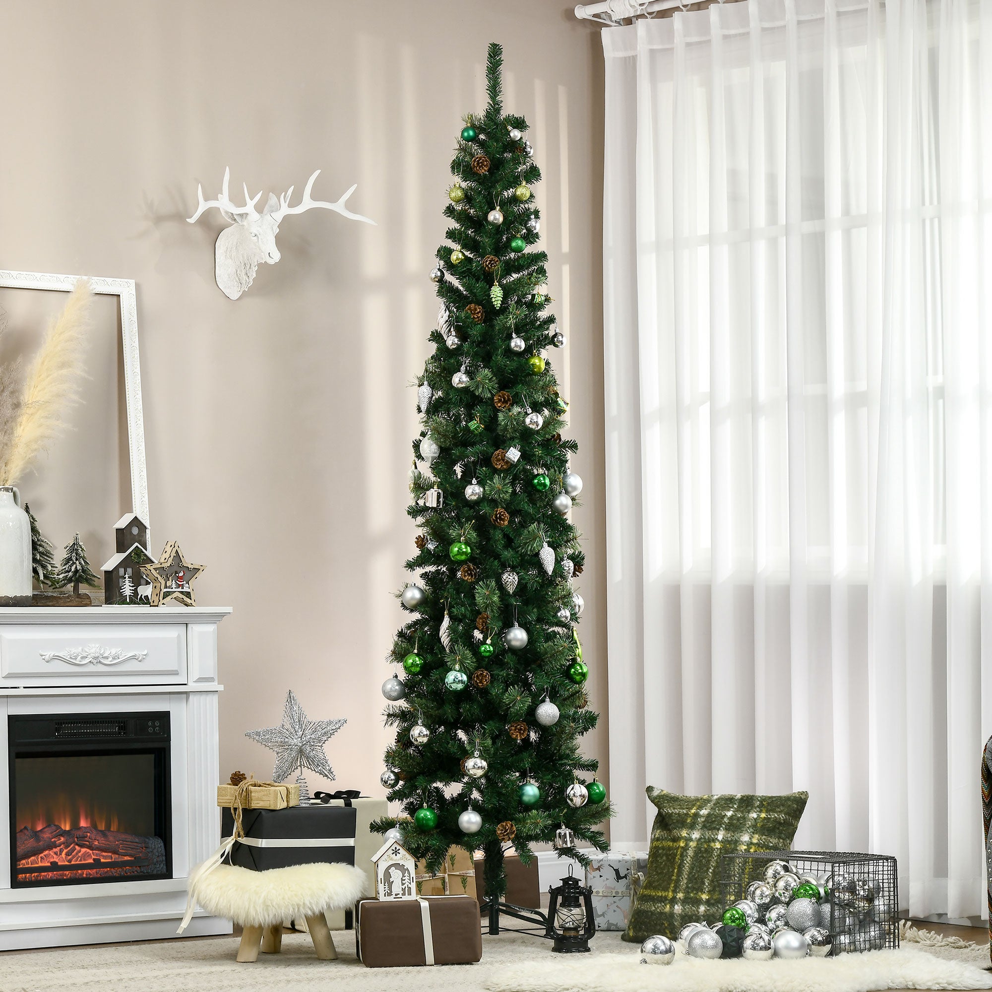 7.5 Foot Pencil Artificial Christmas Tree, Slim Pine Needles Xmas Tree with Realistic Branches, Pine Cones, Metal Base, Green