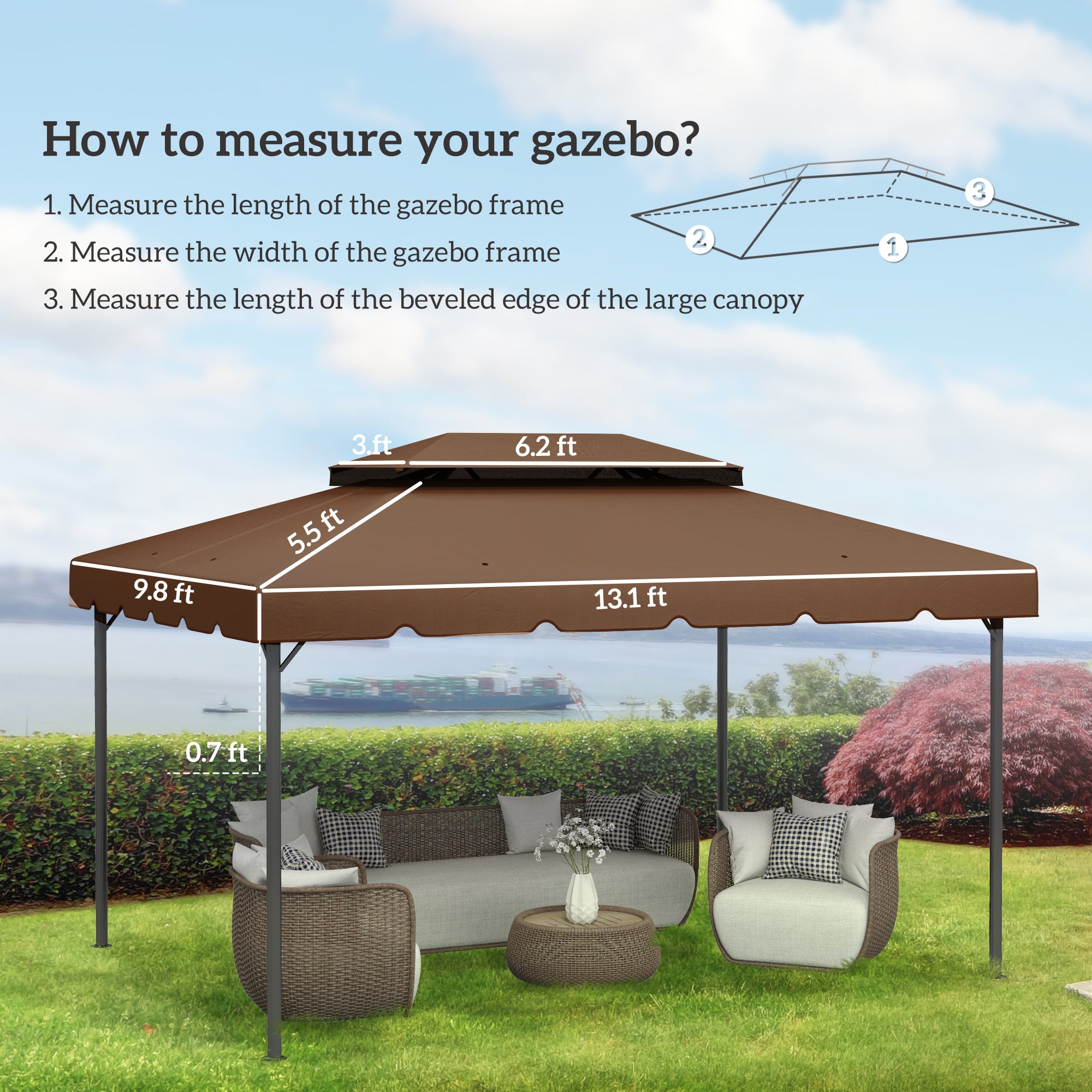 Model 84C-101 or 84C-144 13' x 10' Gazebo Replacement Canopy, Gazebo Top with Double Vented Roof (TOP ONLY), Coffee