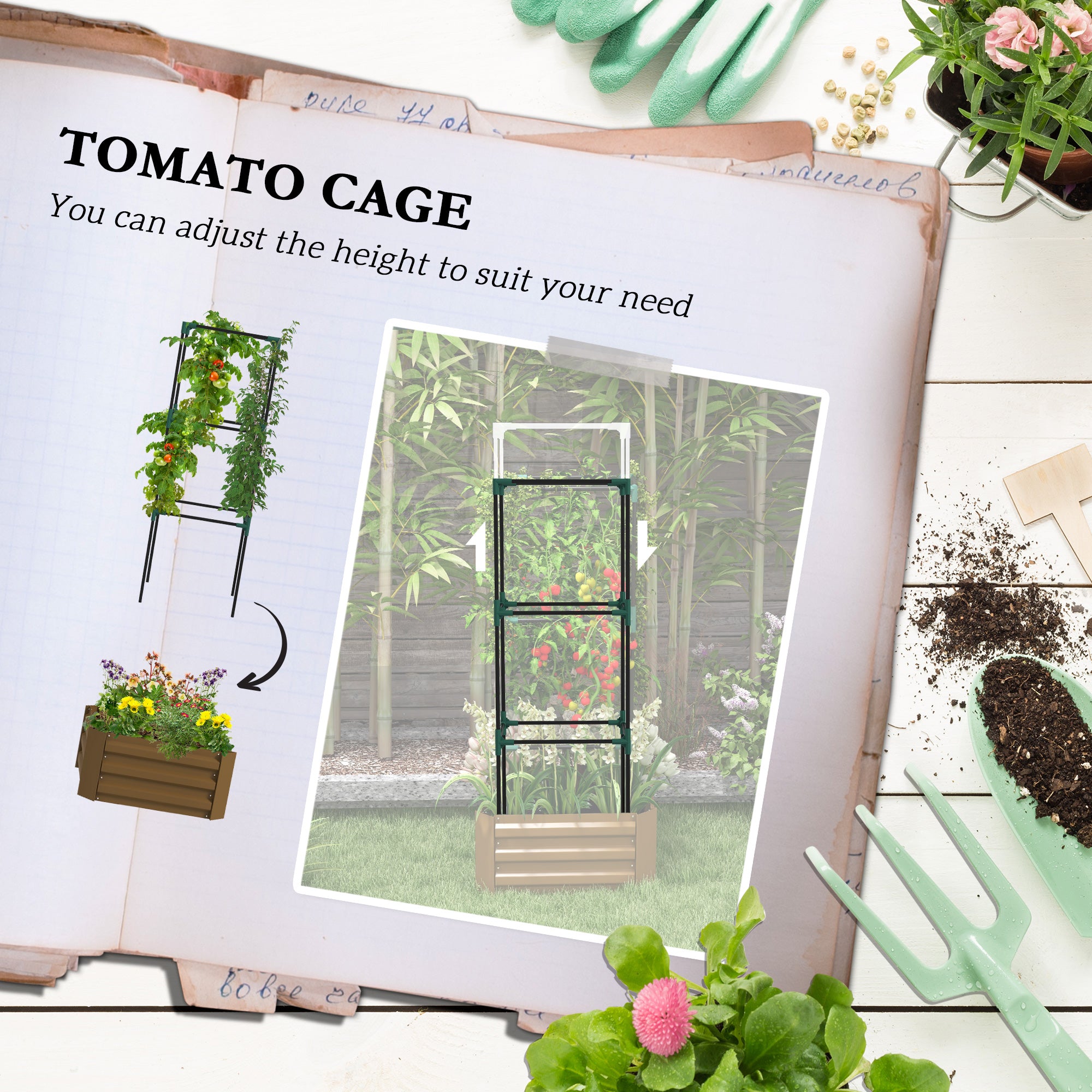 Galvanized Planter Box, 24" x 24" x 55" Raised Garden Bed with Tomato Cage for Climbing Vines, Brown