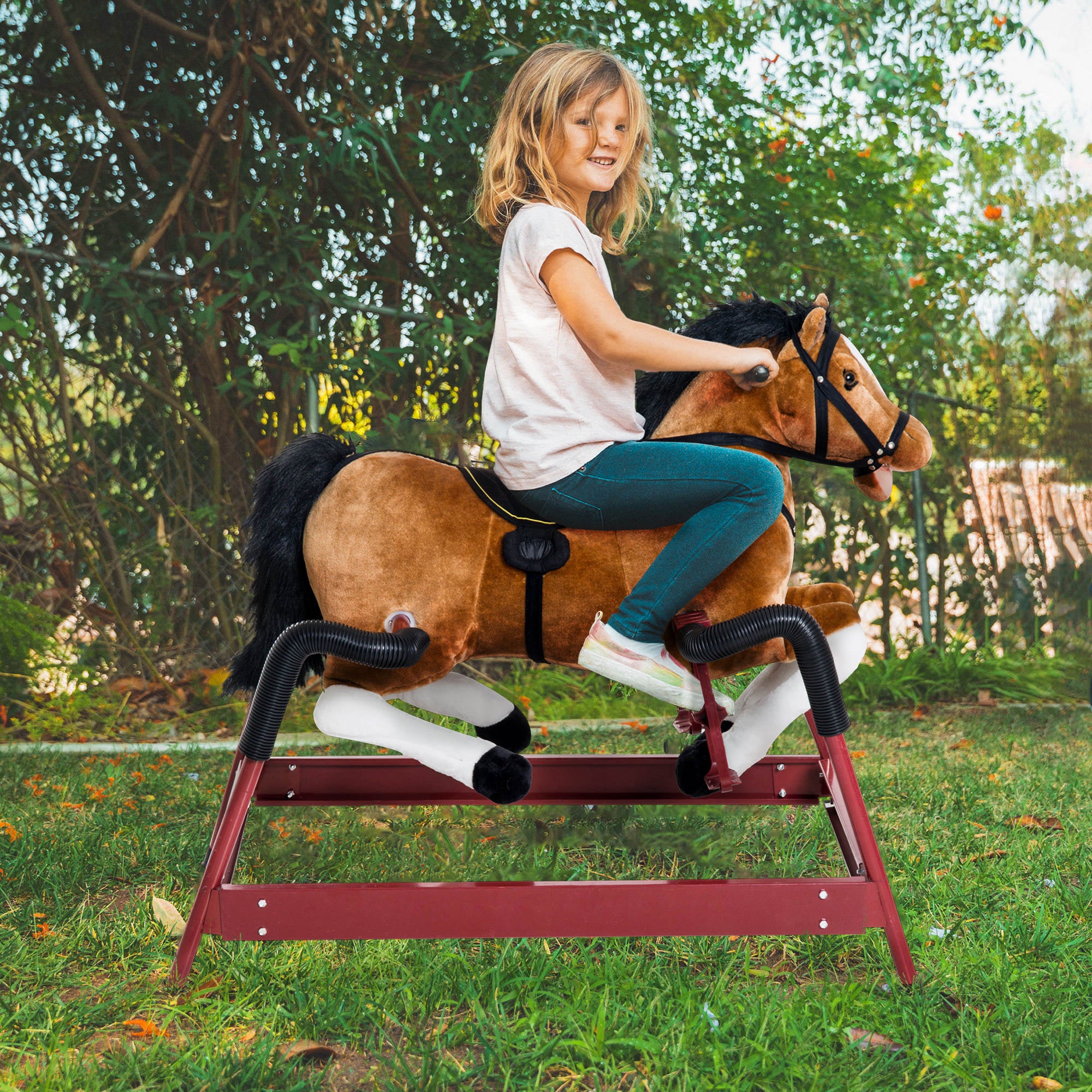 Durable Kids Plush Spring Rocking Horse, Ride On Rocking Horse with Realistic Sounds, Brown