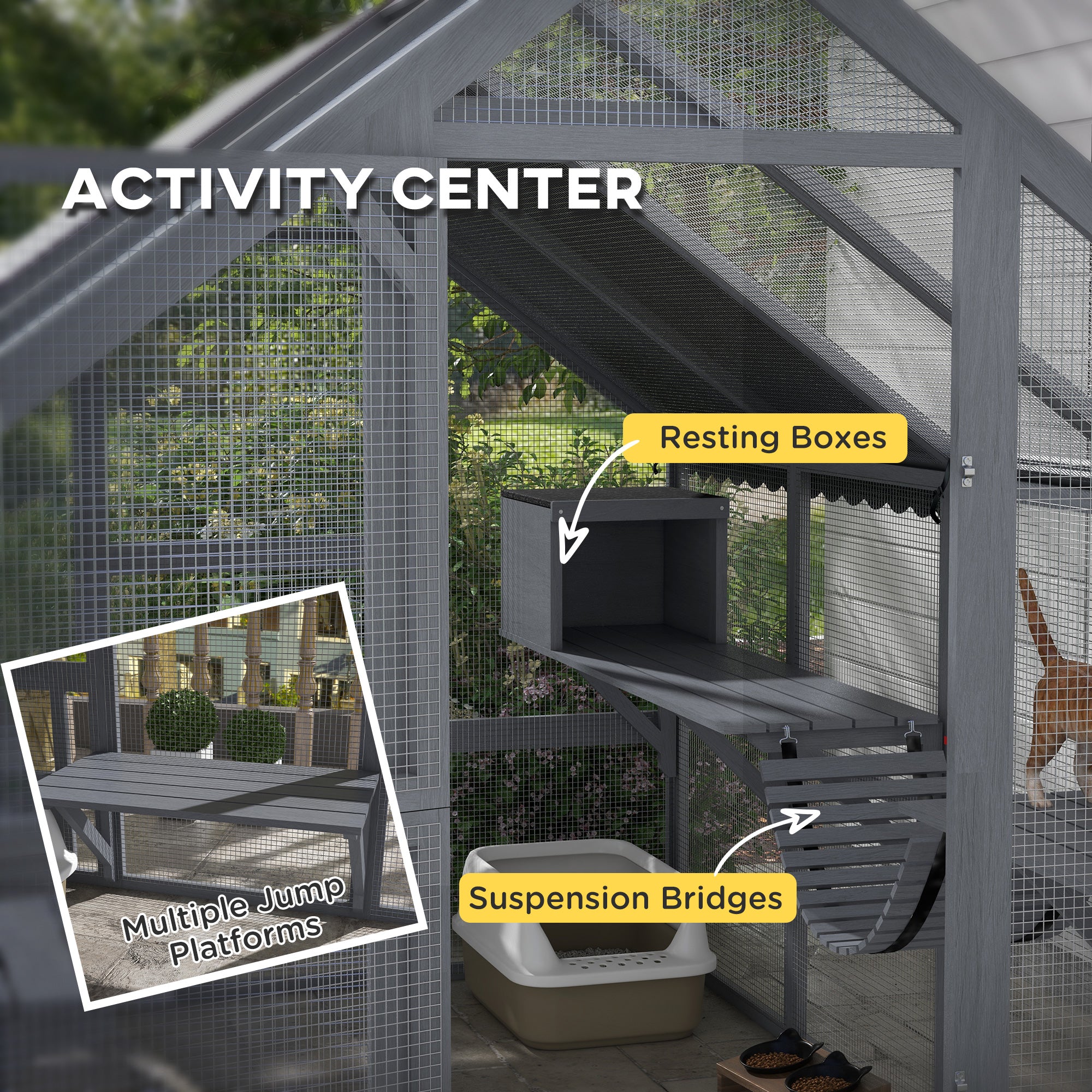 Wooden Catio Outdoor Cat Enclosure with Waterproof Cover, 2 Condos, 6 Platforms, Bridge, Doors, Gray