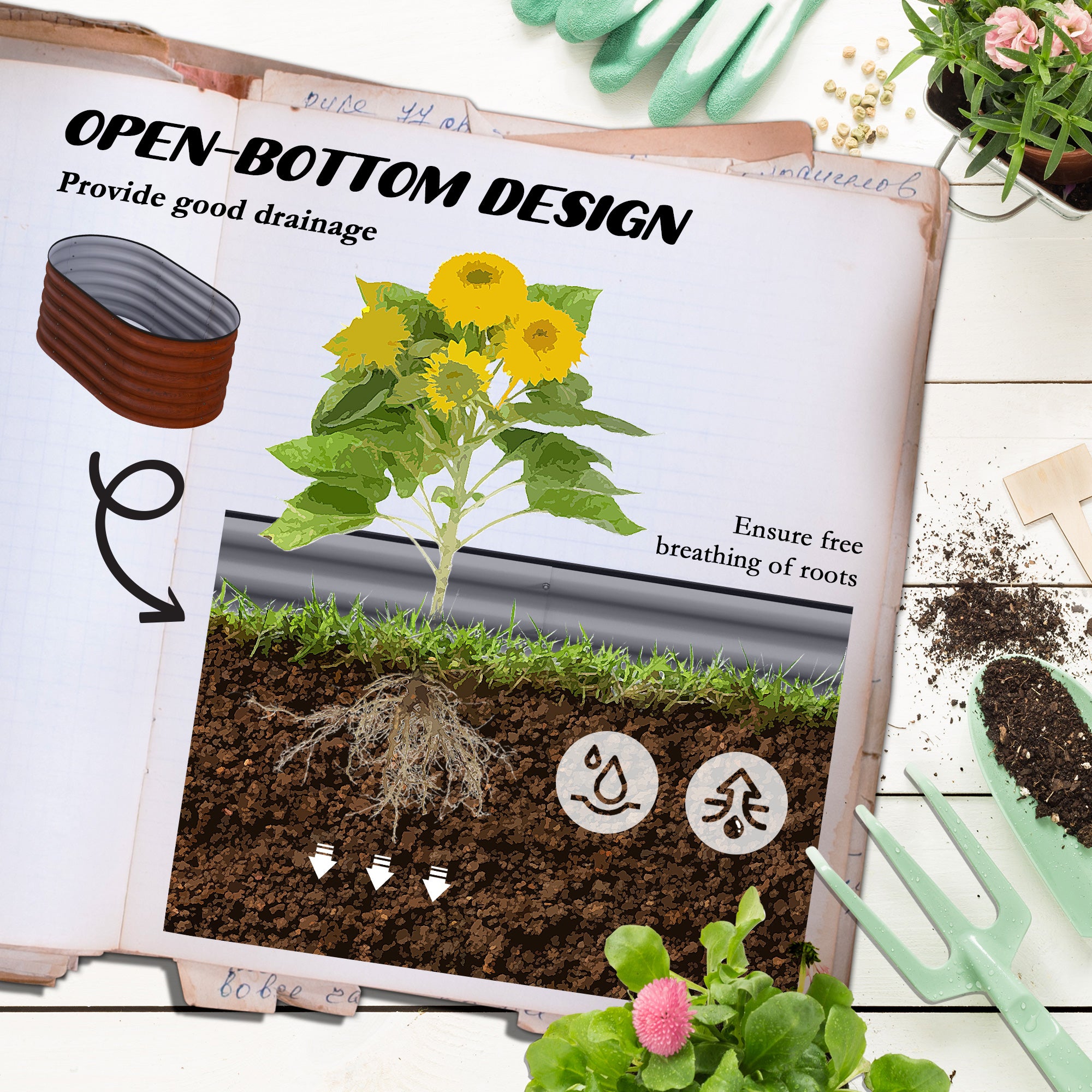3.4' x 2' x 1.4' Galvanized Raised Garden Bed Kit, Metal Planter Box with Safety Edging, Brown
