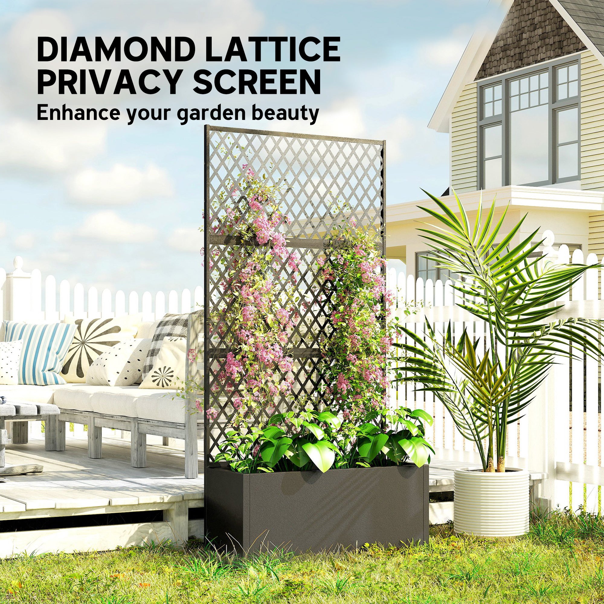Metal Planter Box with Trellis, Raised Garden Bed with Trellis, Diamond Lattice Privacy Planter for Climbing Plants