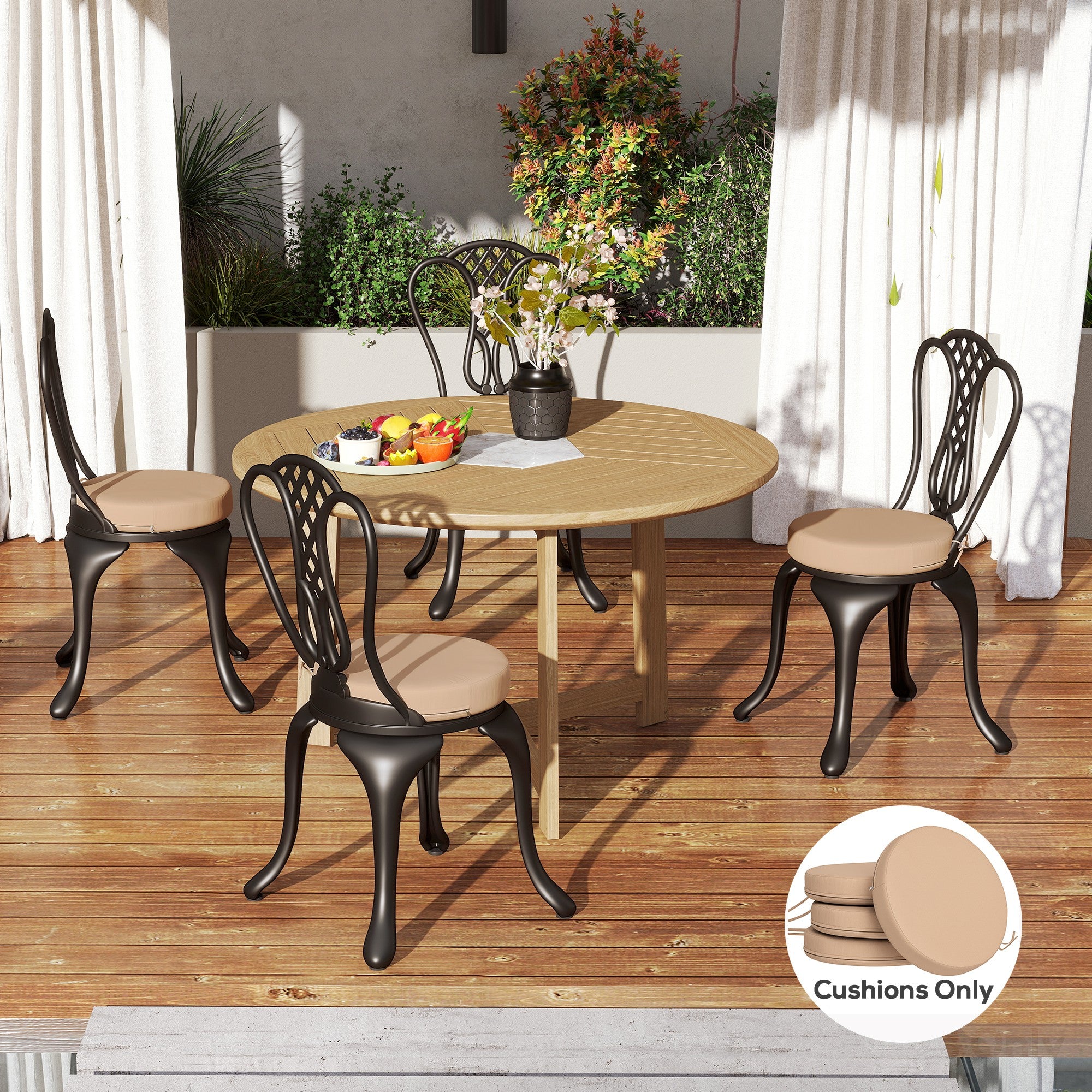 Patio Chair Cushions Set of 4 Round Seat Cushions for Dining Bistro Chairs Machine Washable, 15" x 15" x 3", Khaki