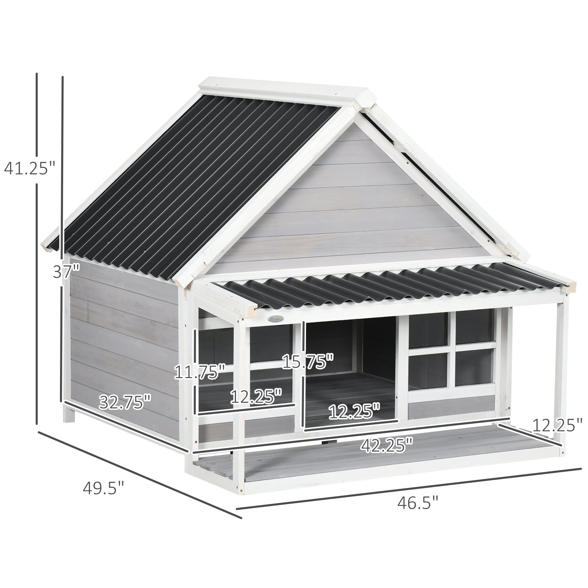 Wooden Dog House with Porch, Dog House Outdoor with Tilt Roof, Front Door, Windows for Medium Large Sized Dog