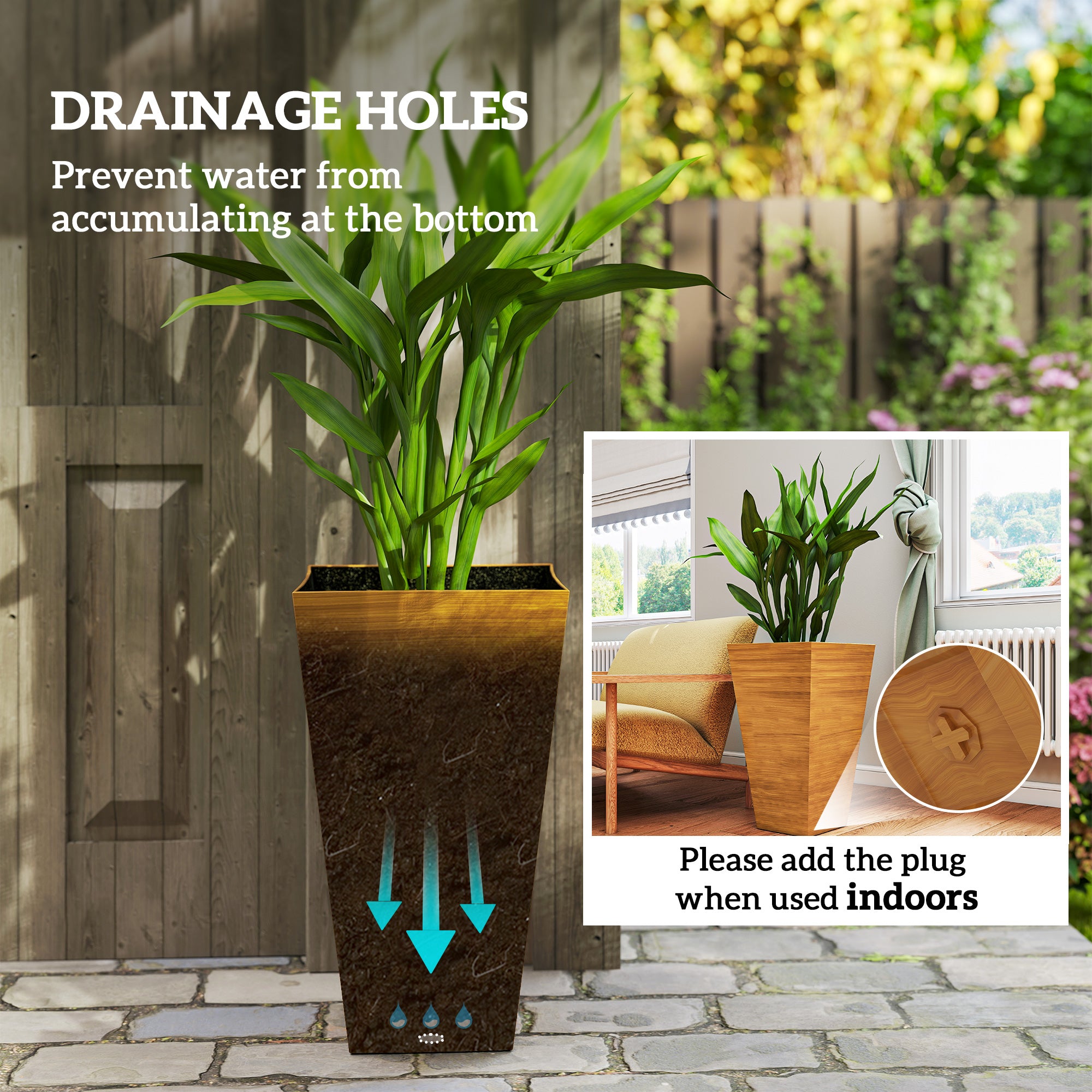 Set of 3 Tall Planters, 28" Outdoor Planter w/ Drainage Holes, Faux Wood Plastic Flower Pots, Light Brown
