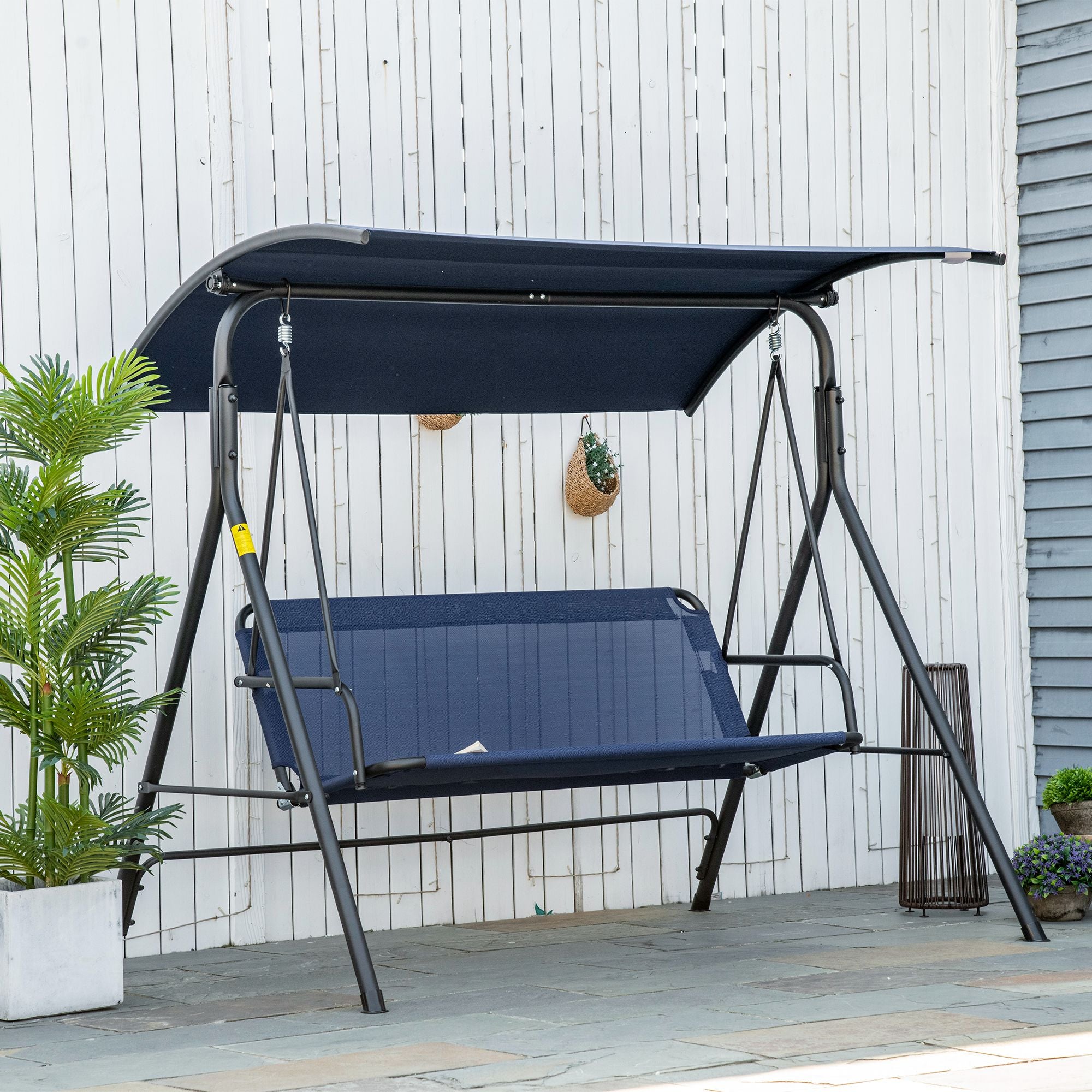 3-Person Porch Swing with Stand, Outdoor Swing for Patio Porch with Adjustable Tilt Canopy and Comfortable Swing Bench-Style Seat, Steel Frame, Dark Blue