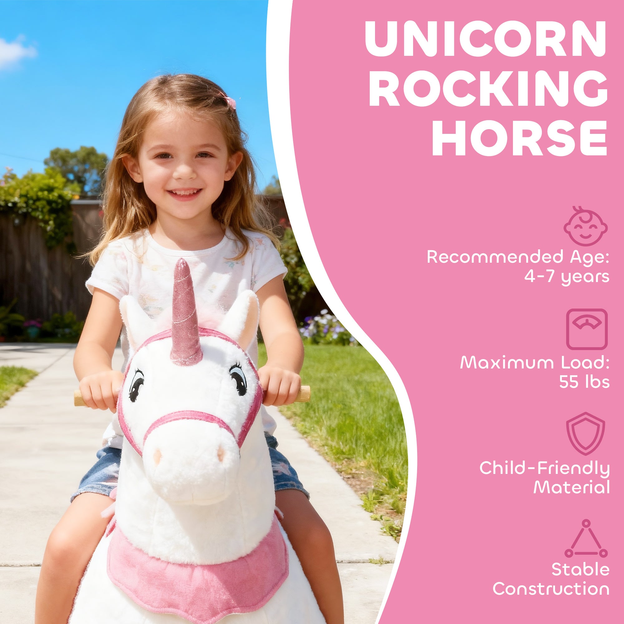 Ride on Unicorn Toy for Kids 4-7 Years, 37.8 Inch Plush Baby Rocking Horse with Wheels, No Battery Required, White