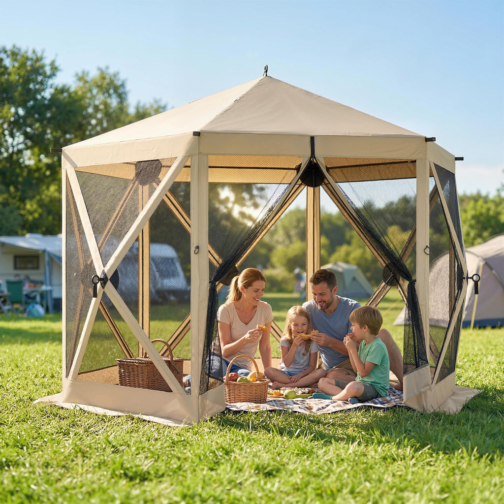 10 x 11 ft Pop Up Gazebo Screen Tent, Portable Instant Camping Canopy Screen House with Nettings, Carry Bag, Beige