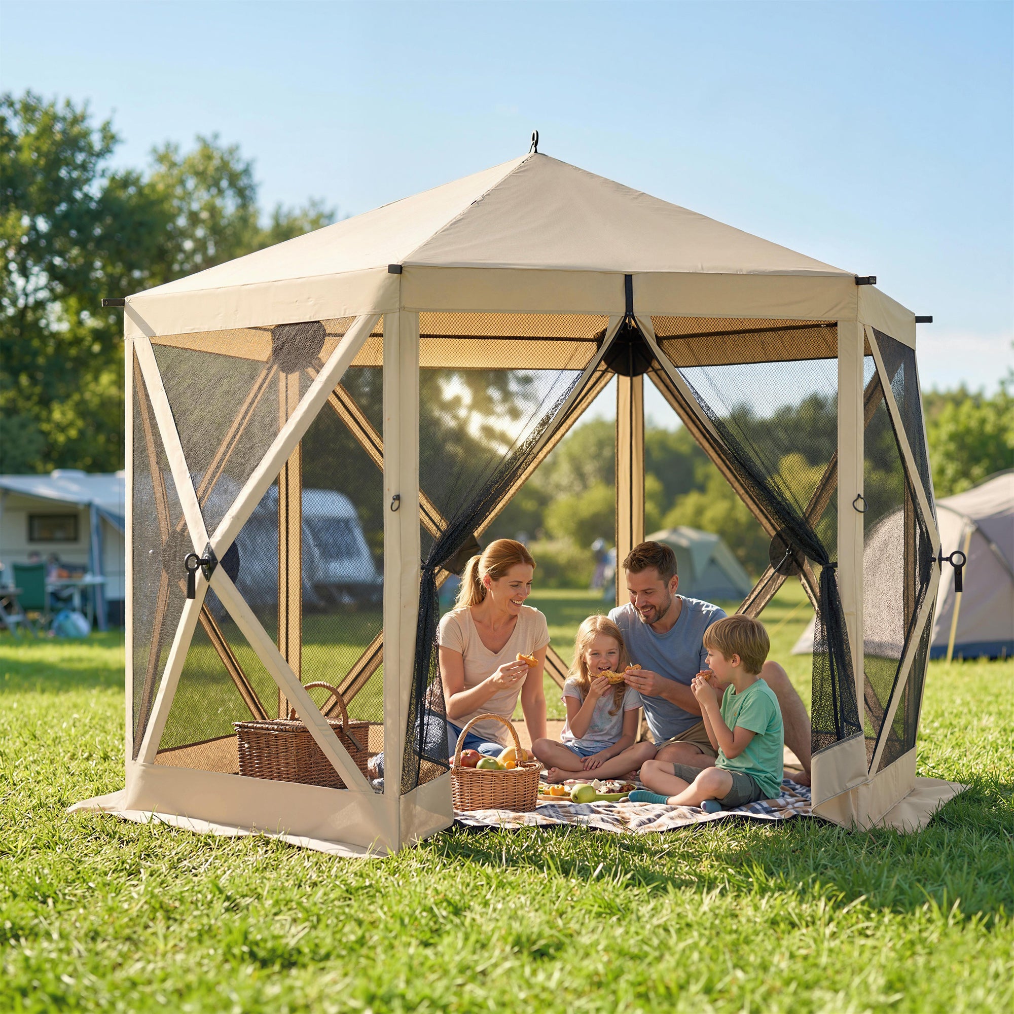 10 x 11 ft Pop Up Gazebo Screen Tent, Portable Instant Camping Canopy Screen House with Nettings, Carry Bag, Beige