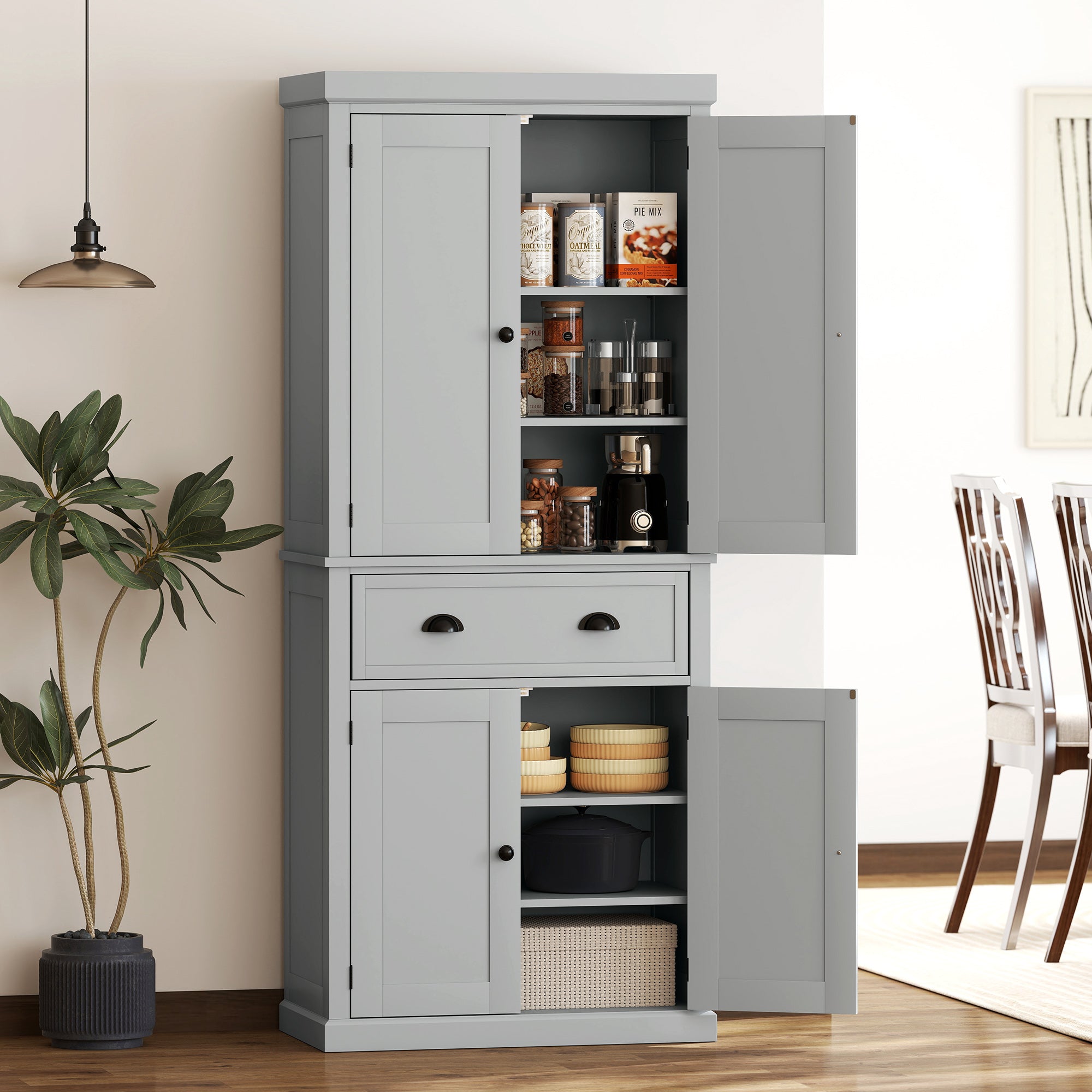 72.5" Kitchen Cabinet, Pantry Storage Cabinet with Doors and Shelves, Freestanding Food Pantry Cabinet, Gray