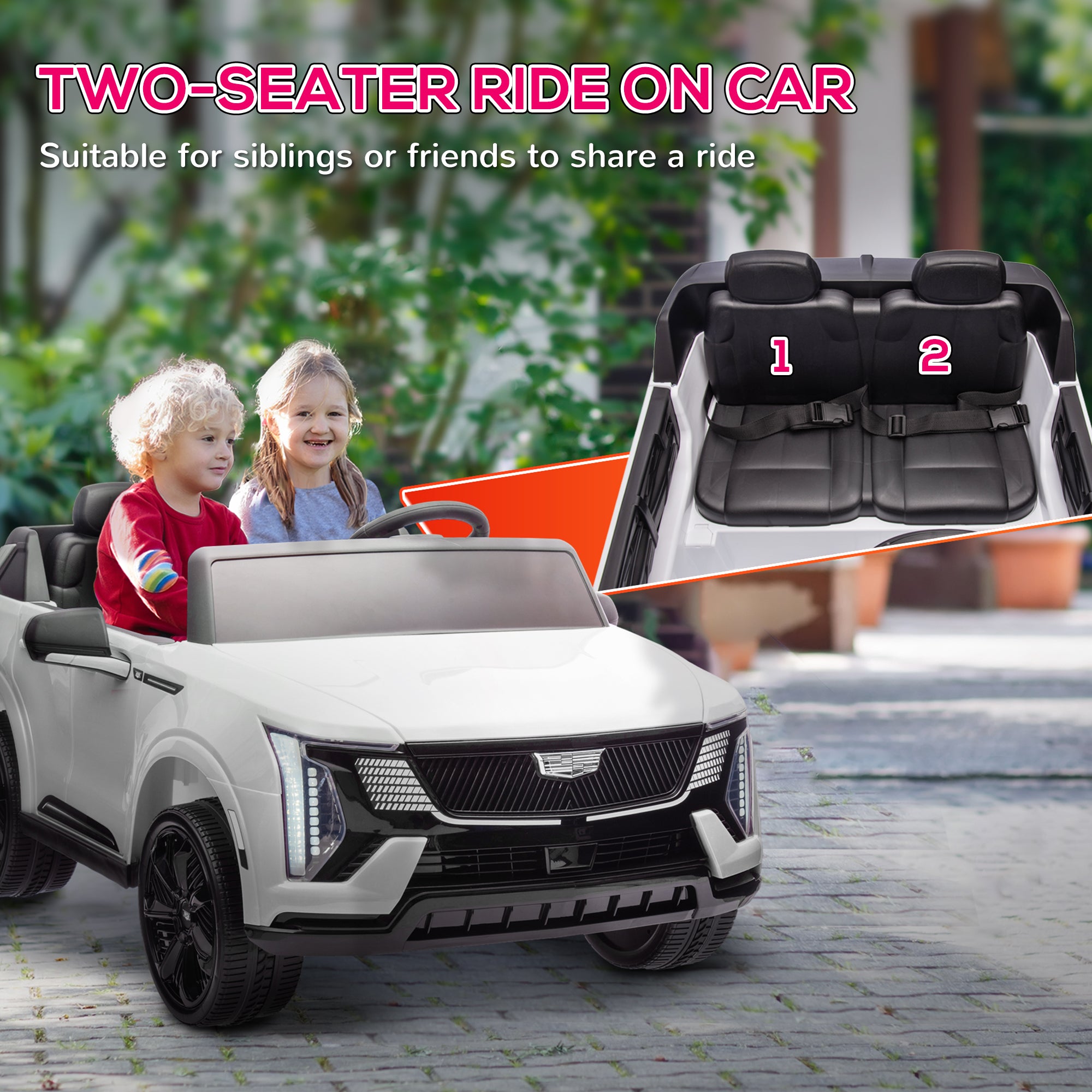 2-Seater 12V 10AH Ride on Truck, Escalade Licensed Electric Car for Kids w/ Spring Suspension Wheels, White