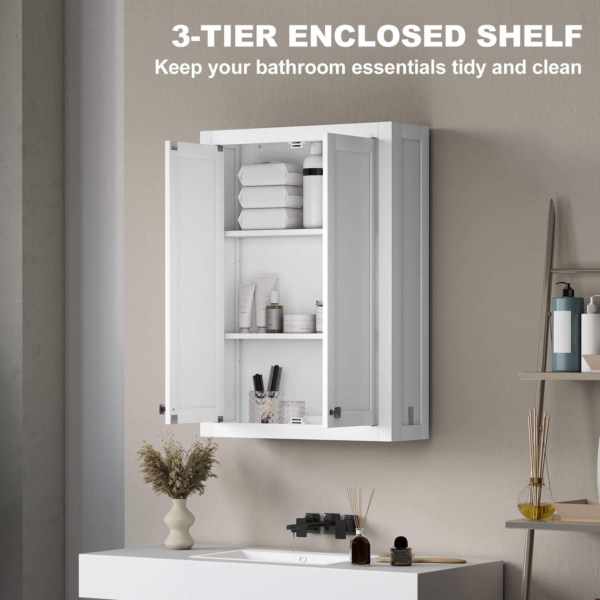Bathroom Cabinet Wall Mounted, Modern Bathroom Wall Cabinet with 2 Doors and 2 Adjustable Shelves, White