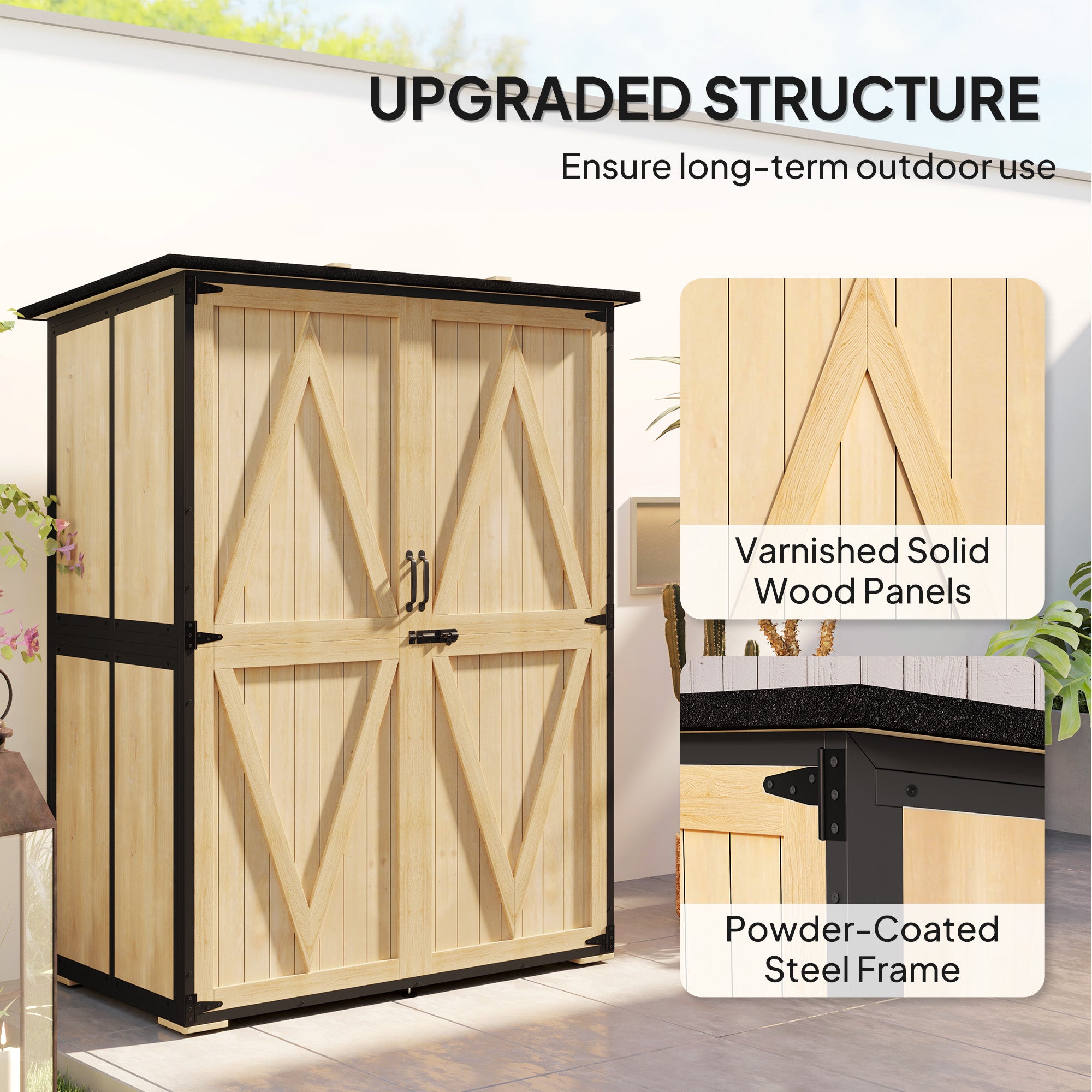 Wood Storage Shed, Outdoor Garden Shed with Asphalt Roof, 2 Shelves, Lockable Doors and Adjustable Feet, Natural