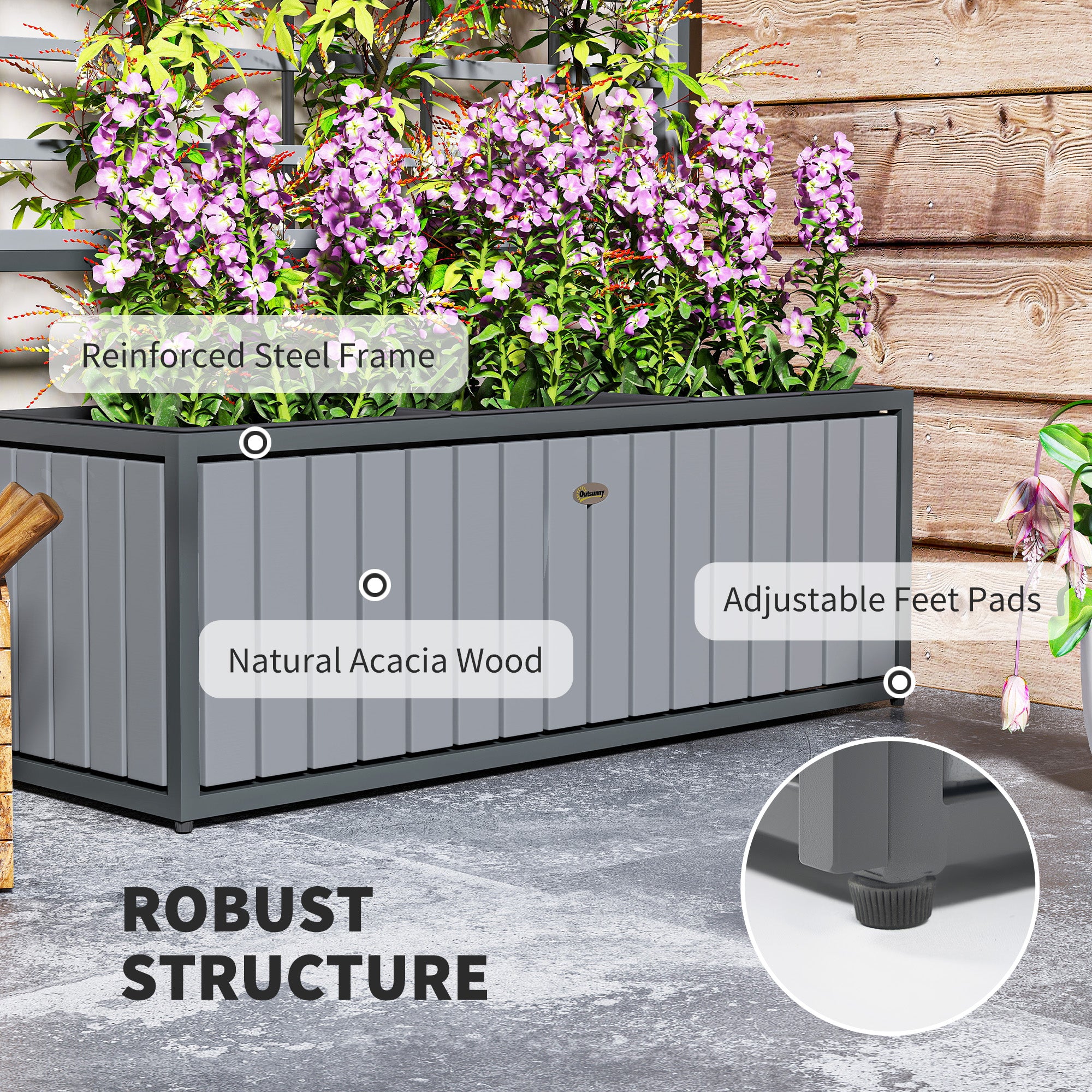 Wooden Raised Garden Bed with Trellis, Removable Pots, for Backyard, Patio, Balcony, 29" x 11" x 52", Gray