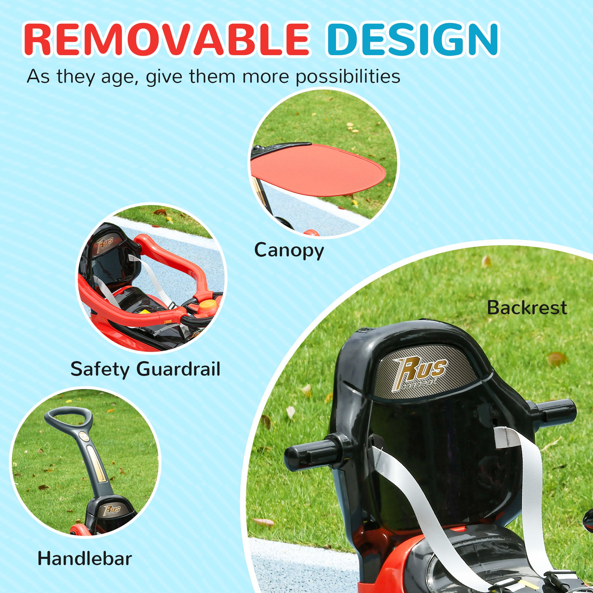3 in 1 Push Car Sliding Car with Removable Handle, Music, Horn, Canopy, Safety Guardrail, Red