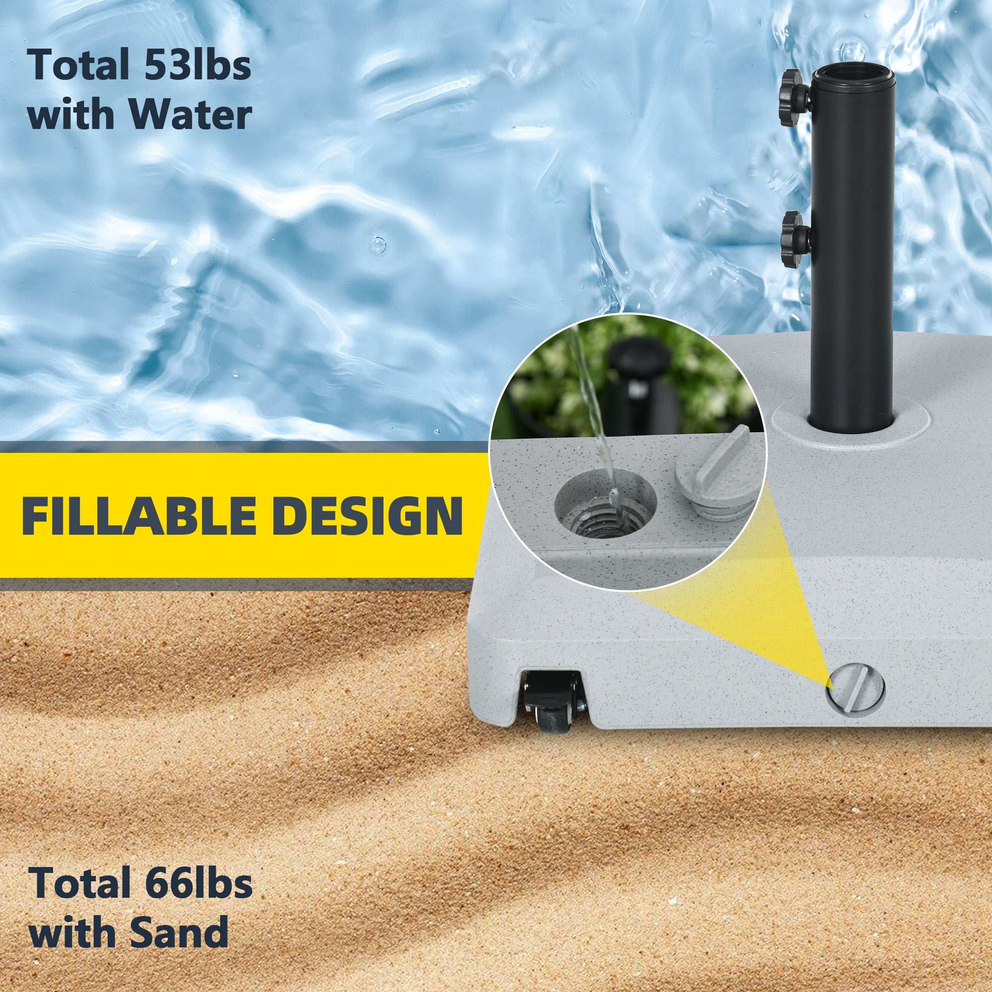 Patio Umbrella Base with Wheels, 53lbs Water or 66lbs Sand Filled, Heavy Duty Outdoor Umbrella Stand Holder, Gray