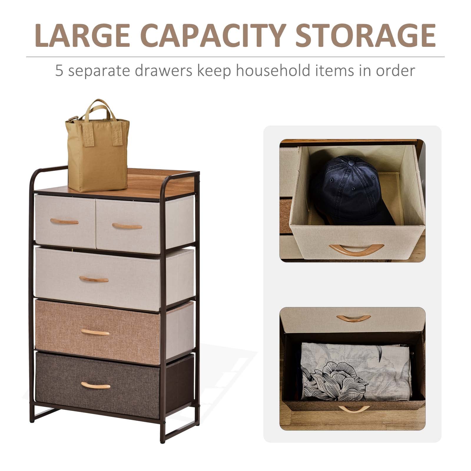 5-Drawer Fabric Dresser Tower, 4-Tier Storage Organizer with Steel Frame for Hallway, Bedroom, and Closet, Maple Wood