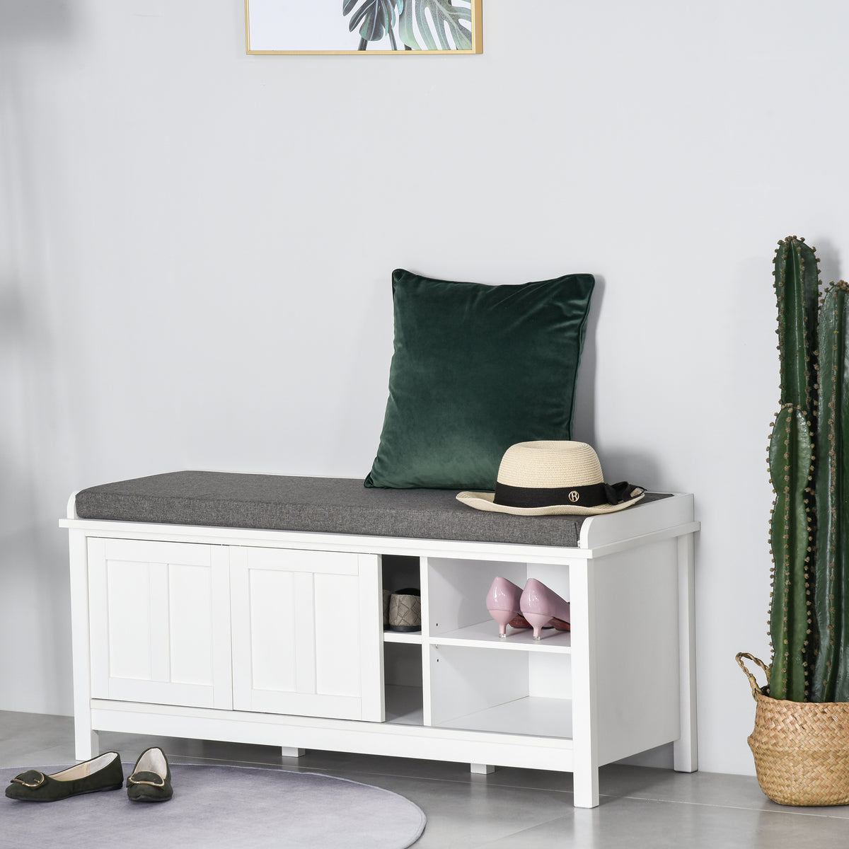 Entryway Shoe Bench Storage Ottoman with Sliding Doors, Adjustable Shelving, 6 Compartments, and Padded Seat, Holds 10 Pairs, White