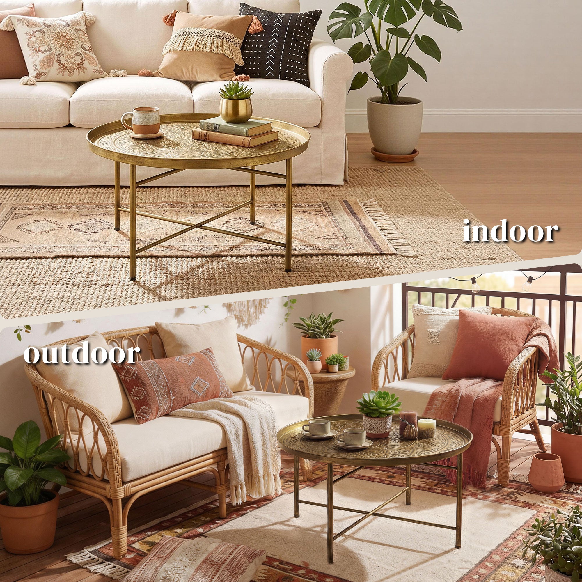 Coffee Table for Living Room, 24" Round Center Table with Hammered Tray Top and Metal Frame for Bedroom, Gold