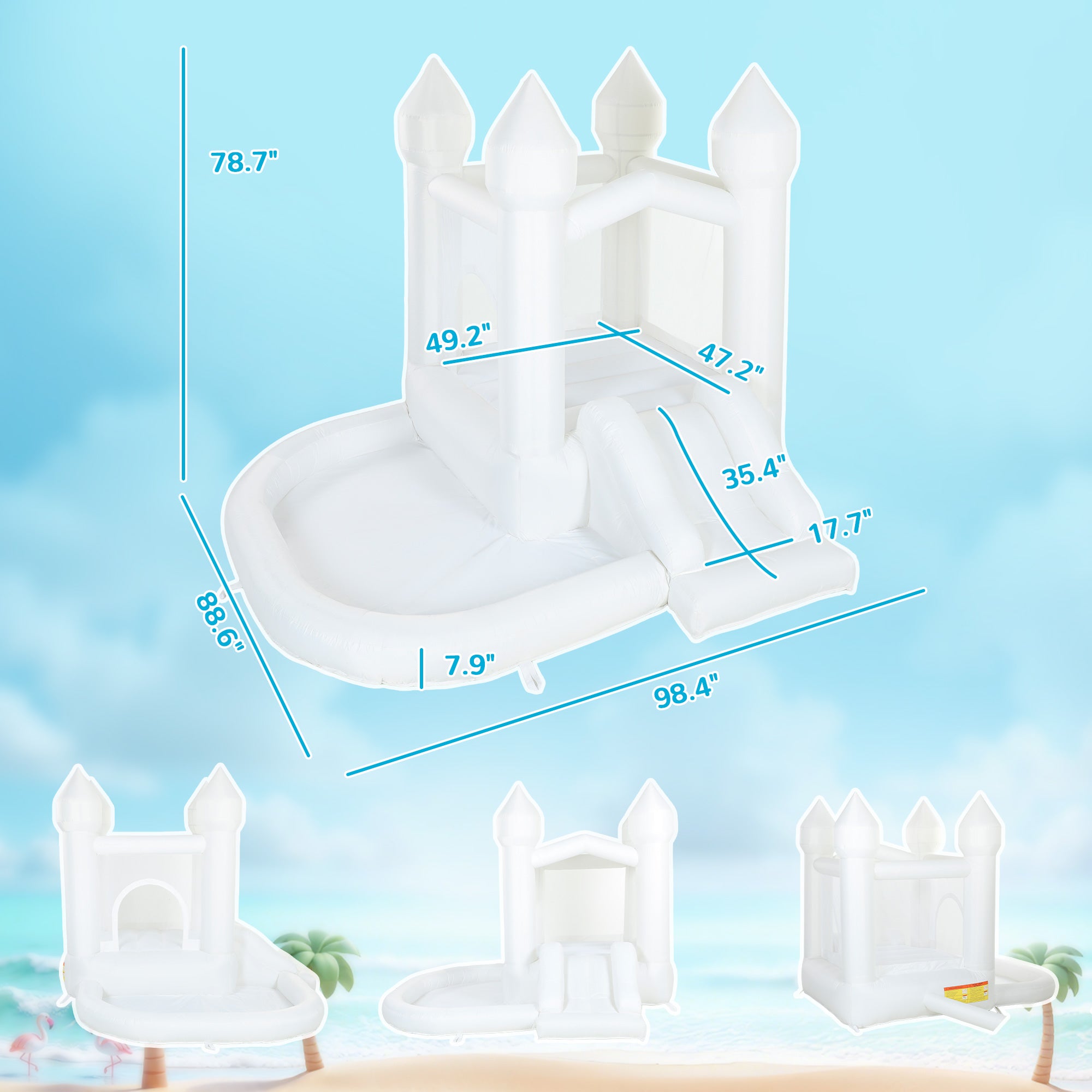 Inflatable Bounce House, 3-in-1 White Castle Bouncy House with Slide, Ball Pit and 370W Blower for Kids Ages 3-8, White