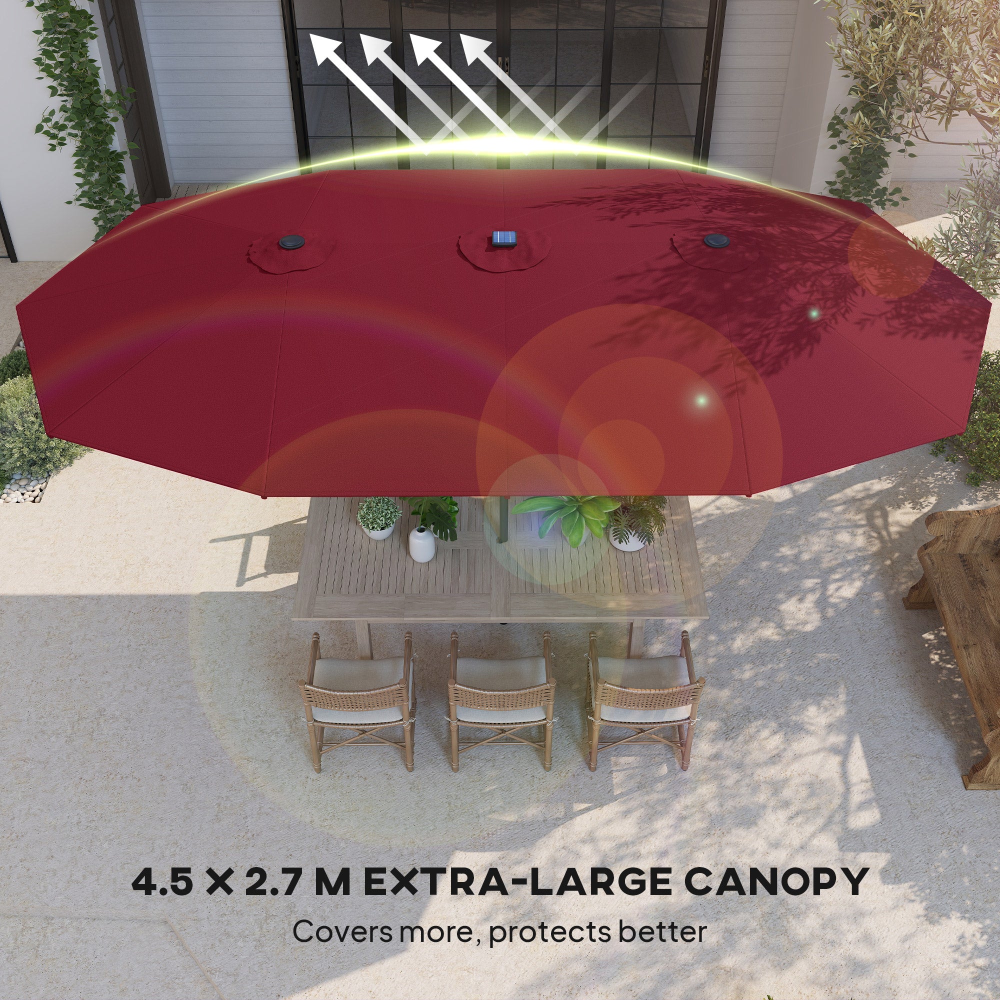 Garden Parasol, Double-Sided Sun Umbrella with LED Solar Lights, Patio Parasol for Outdoor, Wine Red